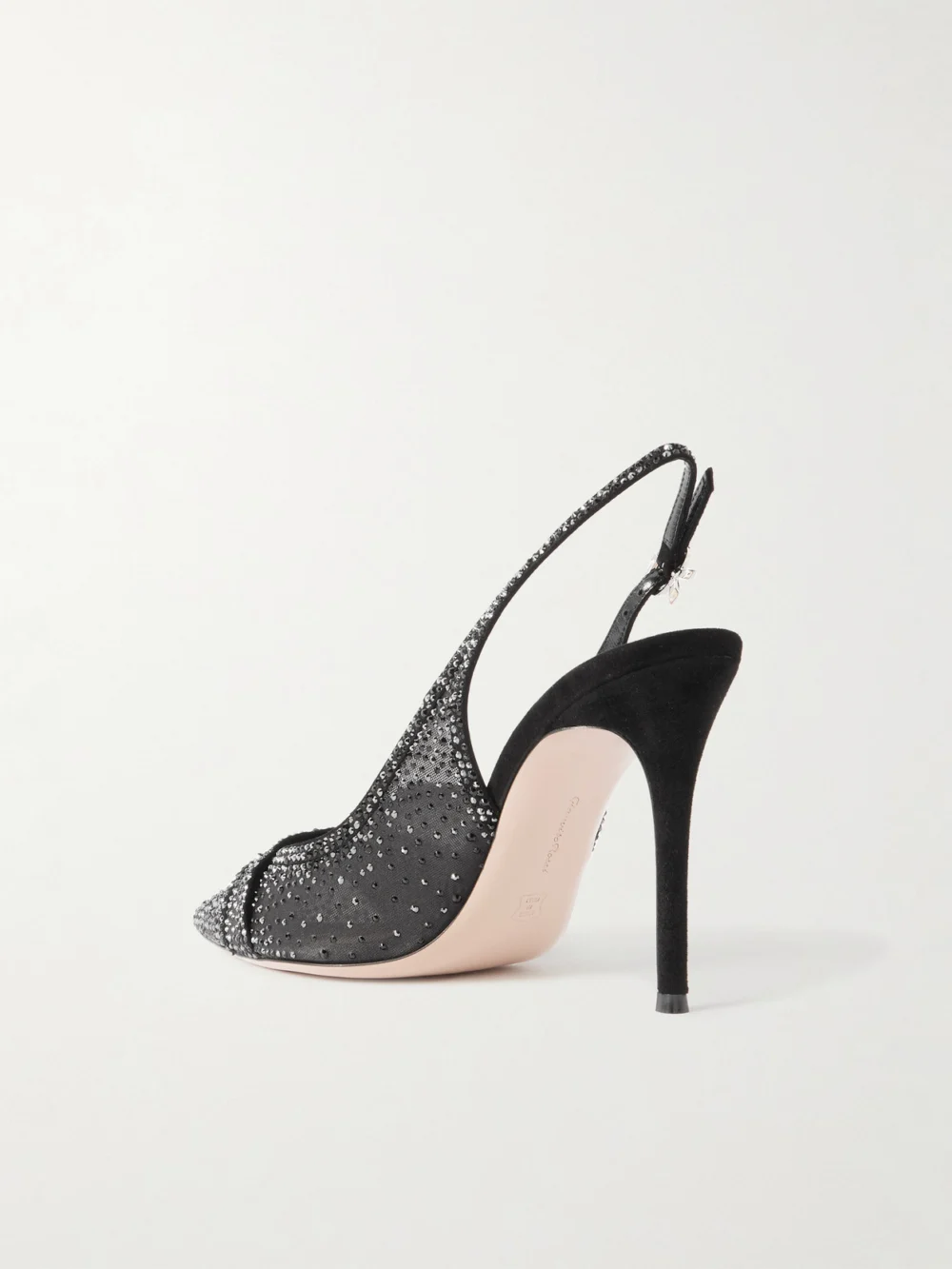 Back view of the Gianvito Rossi 95 Suede-trimmed Crystal-embellished Organza Slingback Pumps
