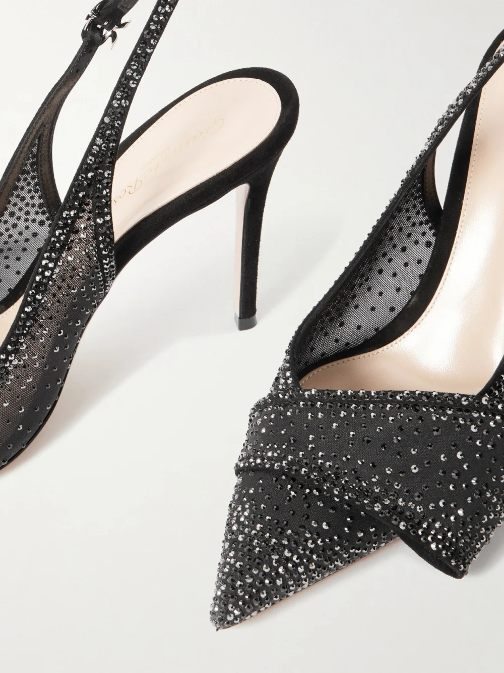 Close-up detail of the Gianvito Rossi 95 Suede-trimmed Crystal-embellished Organza Slingback Pumps