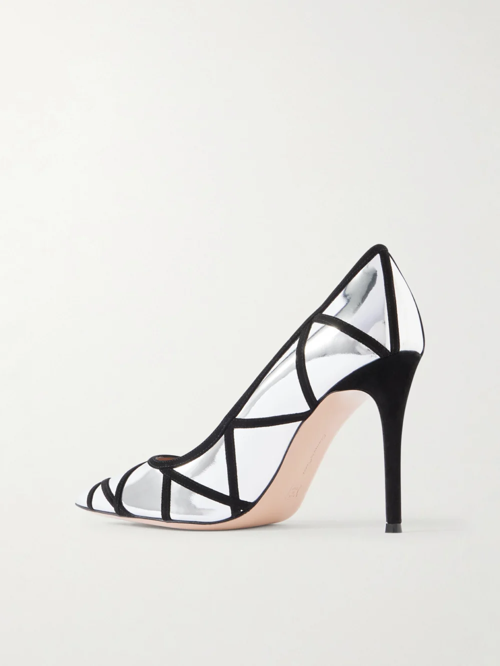 Back view of the Gianvito Rossi 95 Suede-trimmed Mirrored-leather Pumps