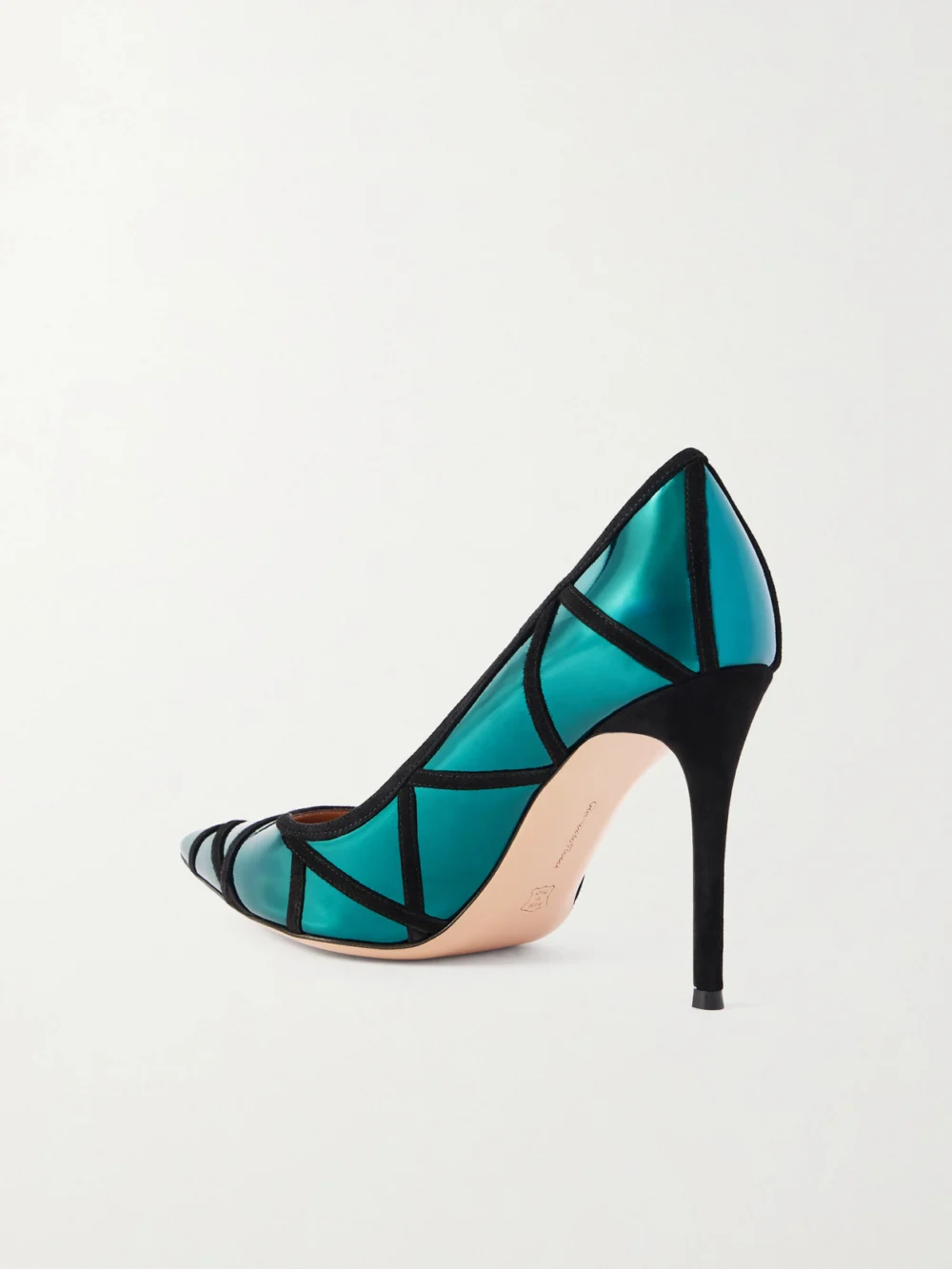Back view of the Gianvito Rossi 95 Suede-trimmed Mirrored-leather Pumps