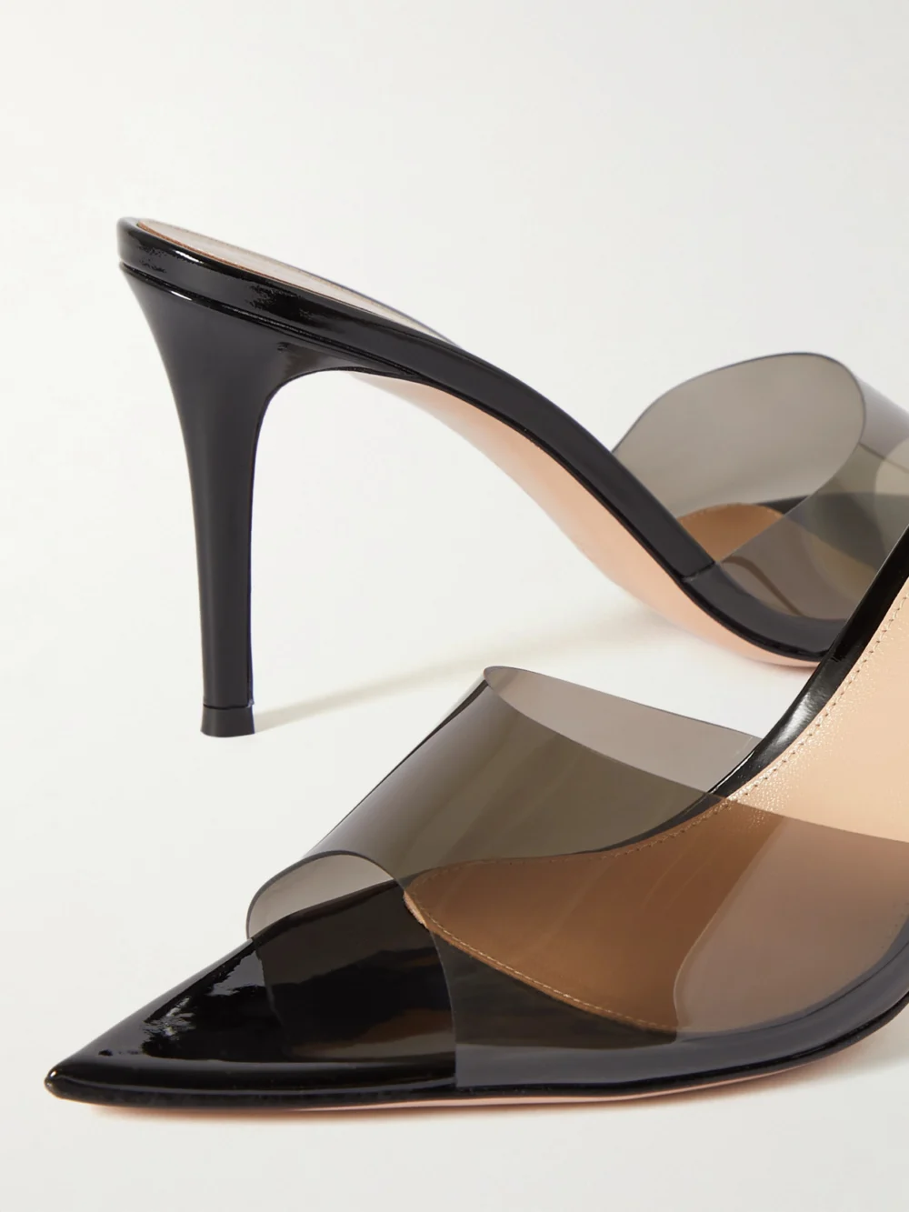 Close-up detail of the Gianvito Rossi Elle 85 Pvc and Patent-leather Mules