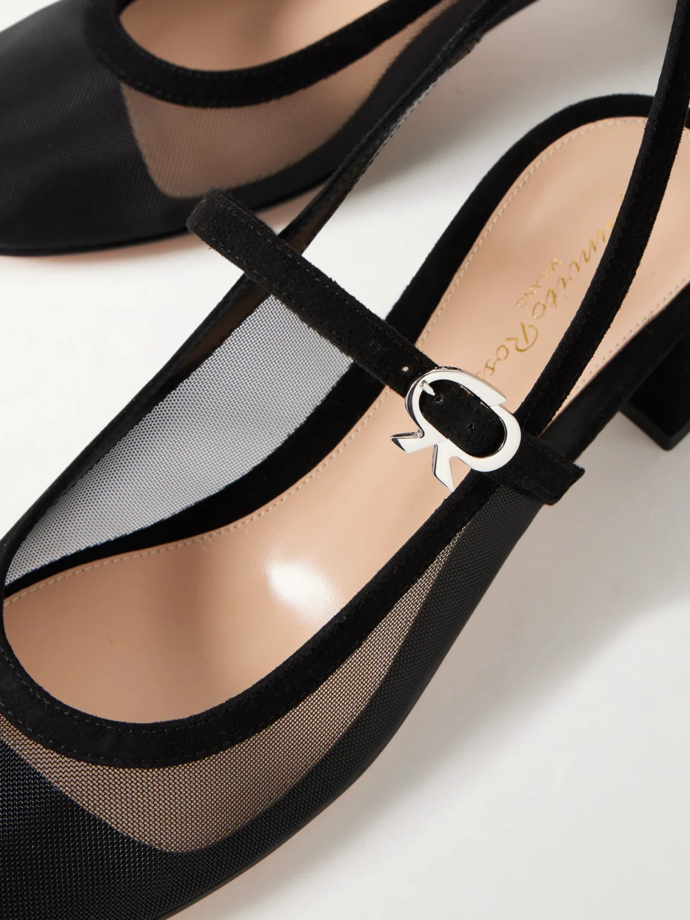 Close-up detail of the Gianvito Rossi Francoise 45 Suede-trimmed Mesh Slingback Pumps