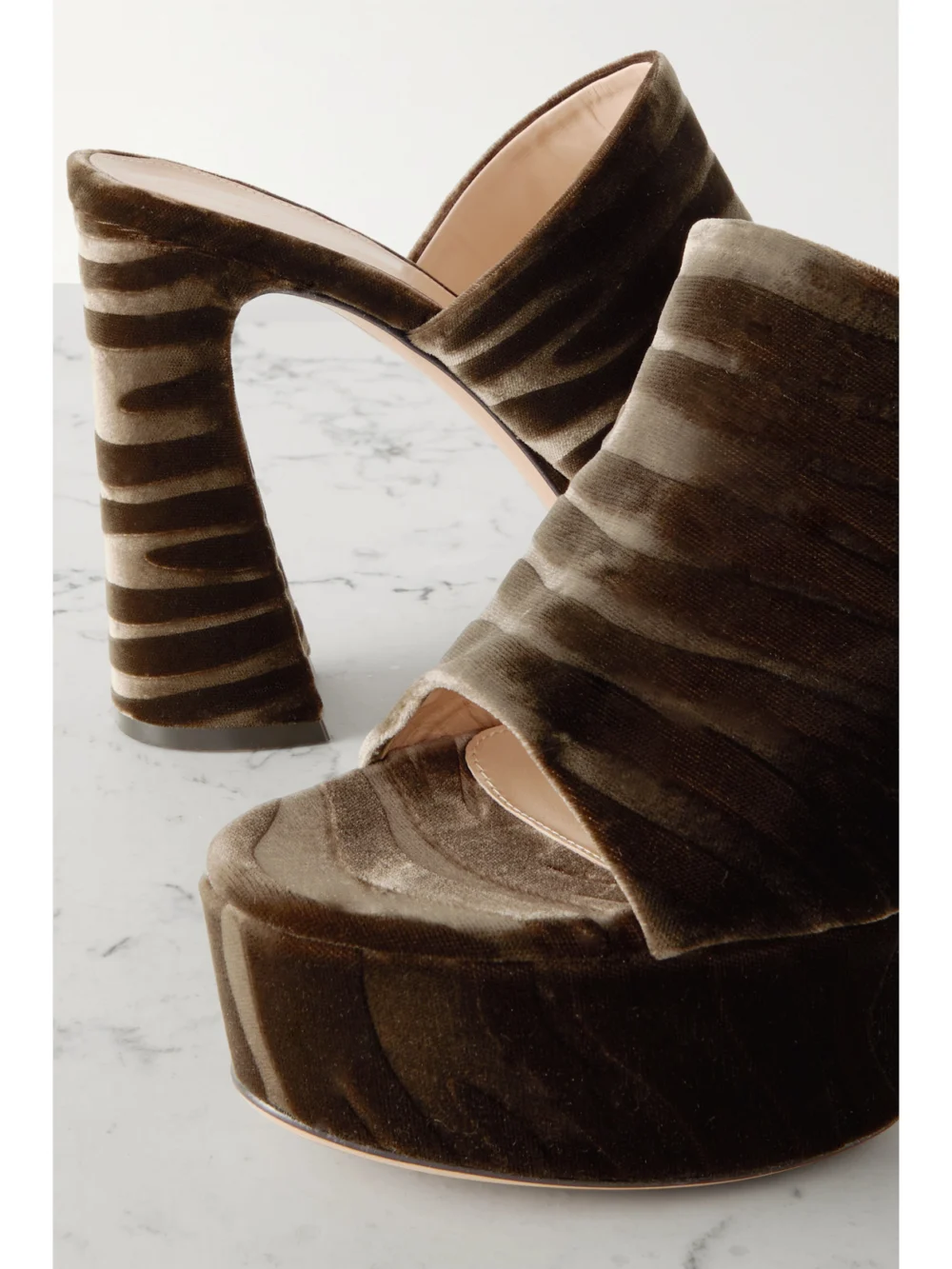 Close-up detail of the Gianvito Rossi Holly 120 Zebra-print Velvet Platform Mules