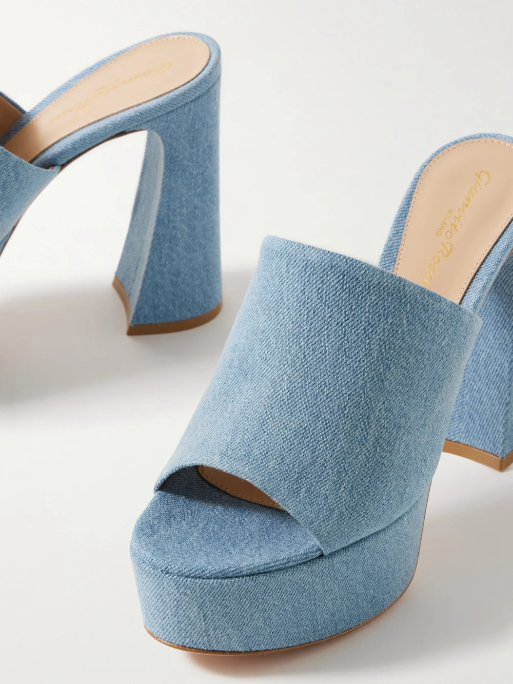 Close-up detail of the Gianvito Rossi Holly 70 Denim Platform Mules