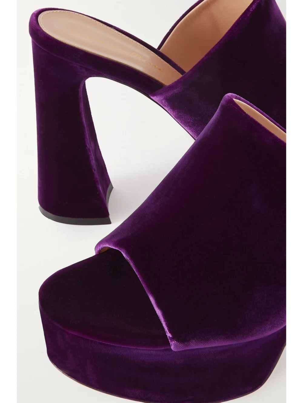 Close-up detail of the Gianvito Rossi Holly 70 Velvet Platform Mules