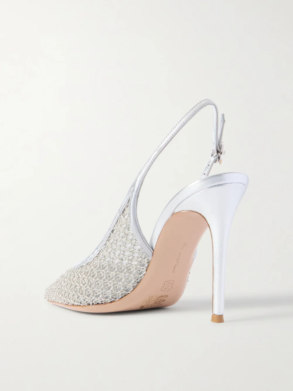 Back view of the Gianvito Rossi Itaca 95 Metallic Leather-trimmed Embellished Mesh Slingback Pumps