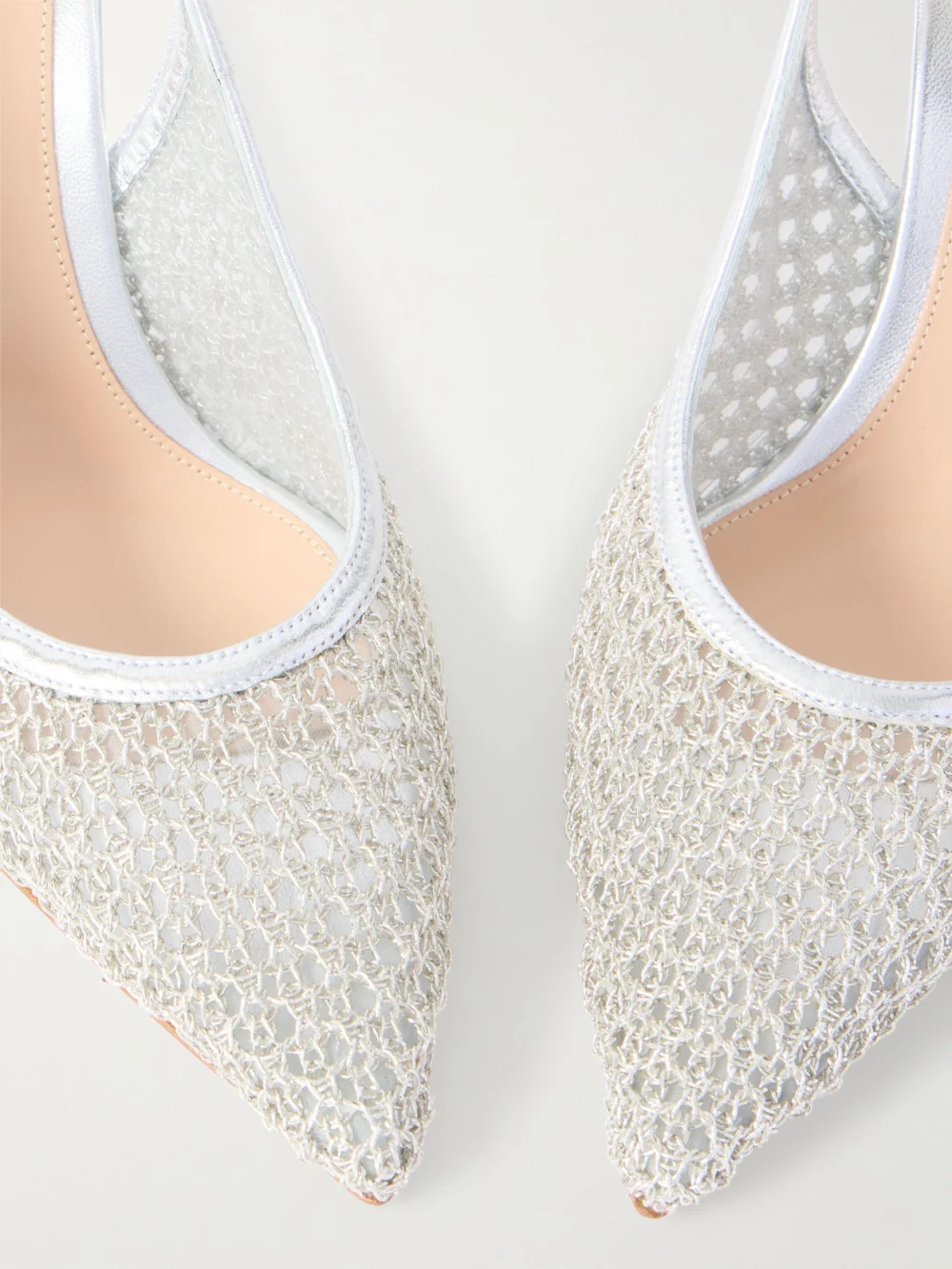 Close-up detail of the Gianvito Rossi Itaca 95 Metallic Leather-trimmed Embellished Mesh Slingback Pumps