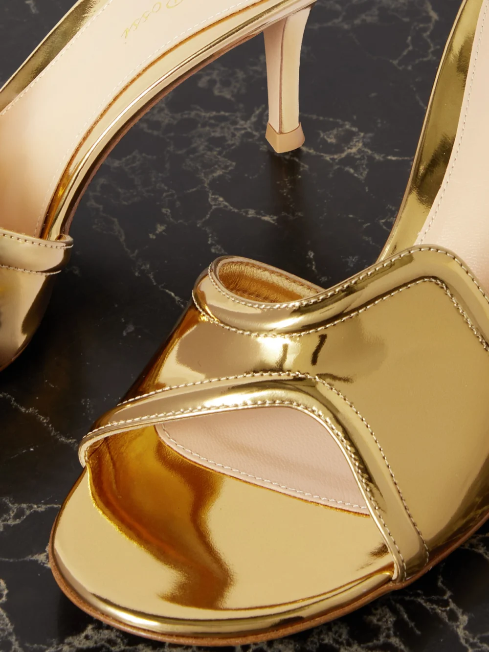 Close-up detail of the Gianvito Rossi Lucrezia 70 Mirrored-leather Mules