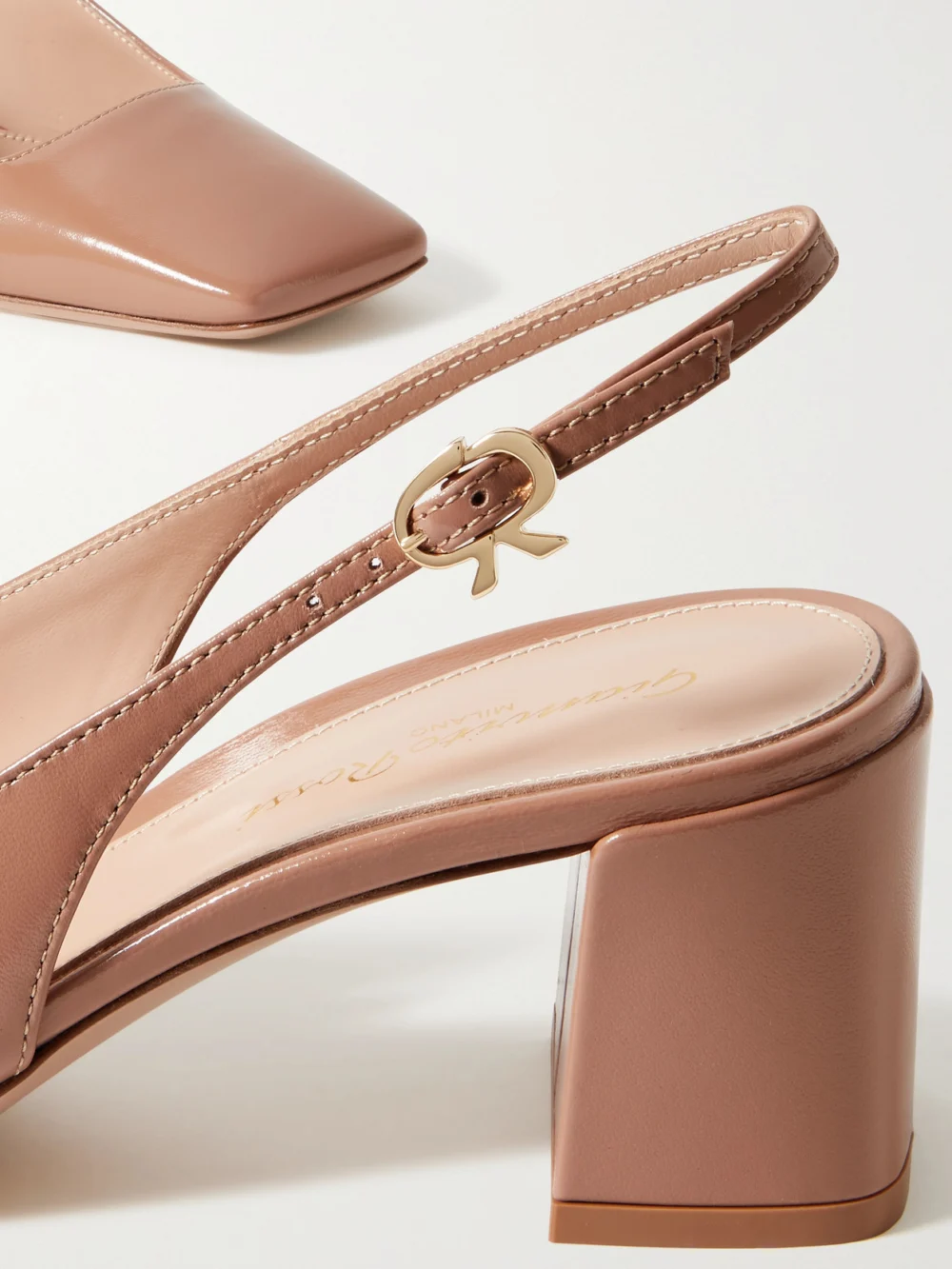 Close-up detail of the Gianvito Rossi Nuit 55 Glossed-leather Slingback Pumps