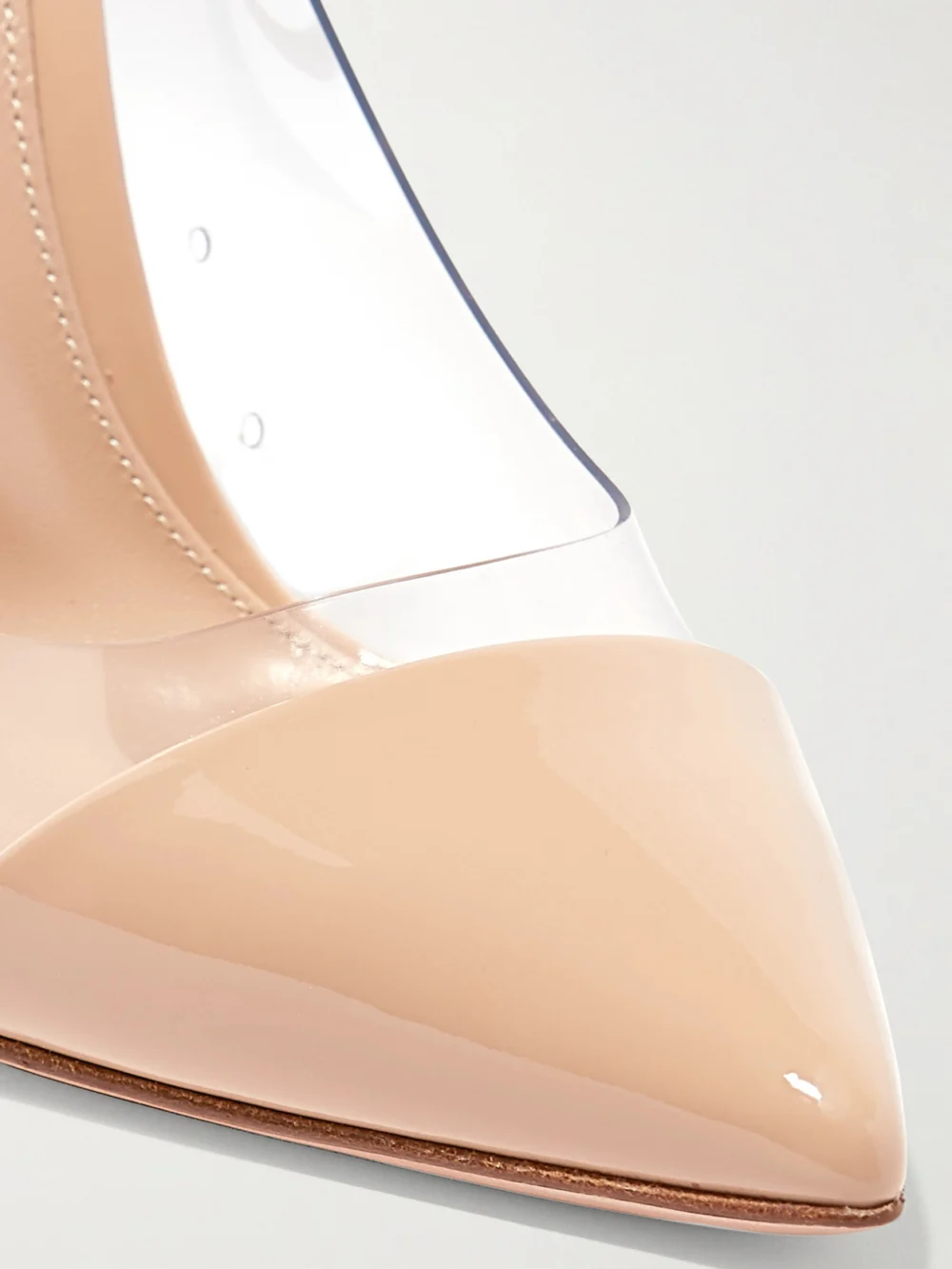 Close-up detail of the Gianvito Rossi Plexi 105 Patent-leather and Pvc Pumps