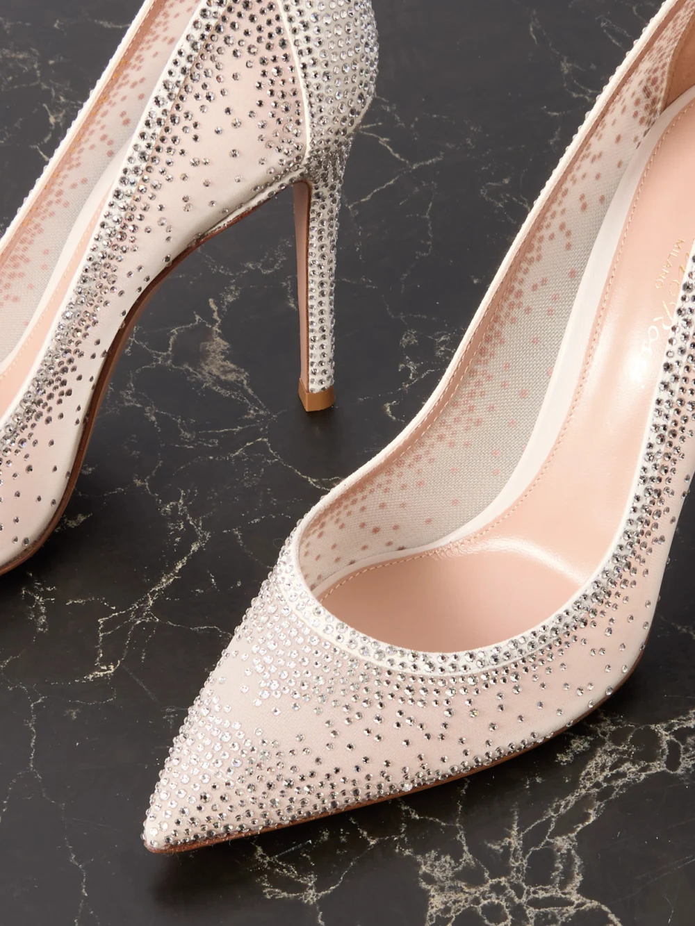 Close-up detail of the Gianvito Rossi Rania 105 Crystal-embellished Suede-trimmed Organza Pumps