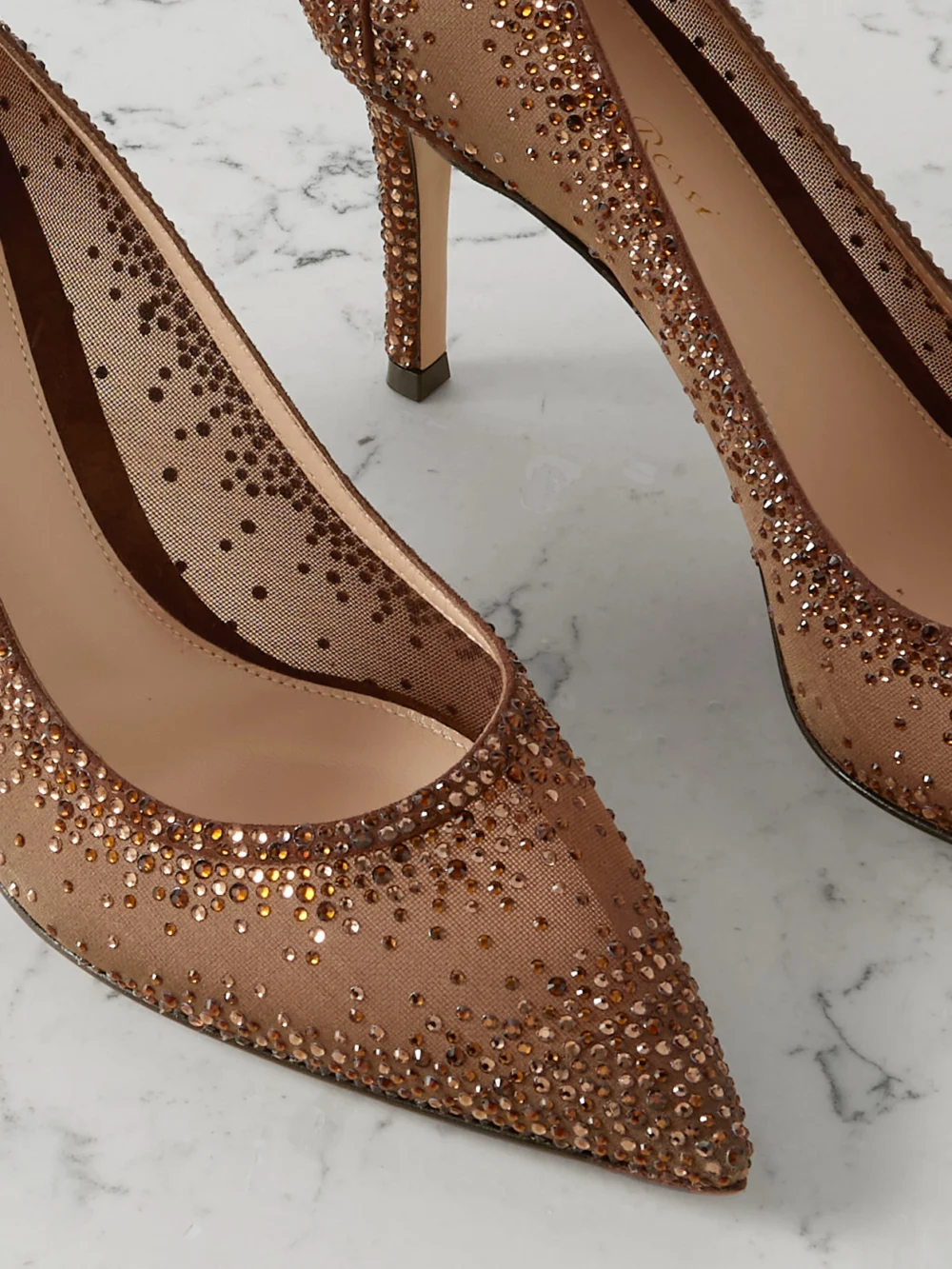 Close-up detail of the Gianvito Rossi Rania 85 Crystal-embellished Organza Pumps