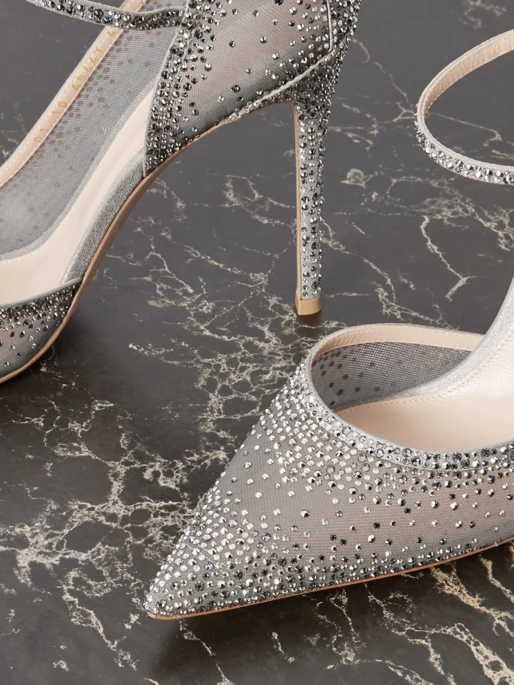 Close-up detail of the Gianvito Rossi Rania 95 Suede-trimmed Crystal-embellished Organza Pumps
