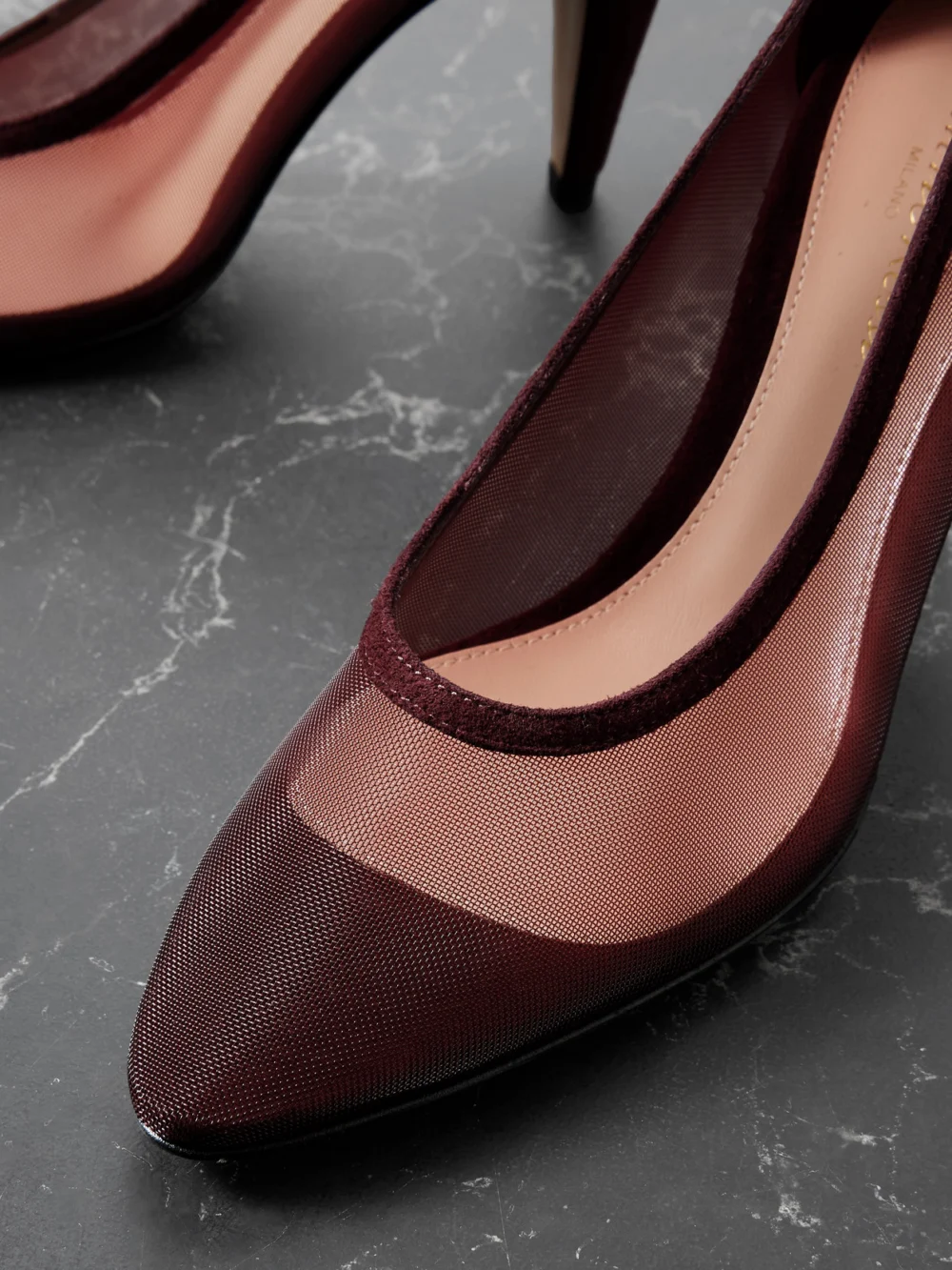 Close-up detail of the Gianvito Rossi Rete 85 Suede-trimmed Mesh Pumps