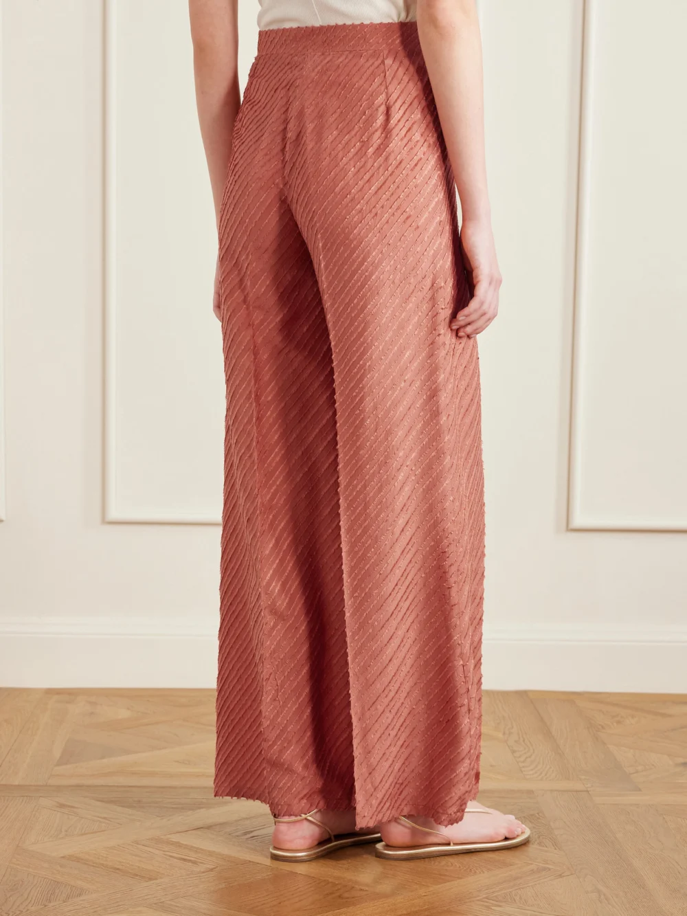 Back view of the Giuliva Heritage Amanda Fringed Silk Wide-leg Pants