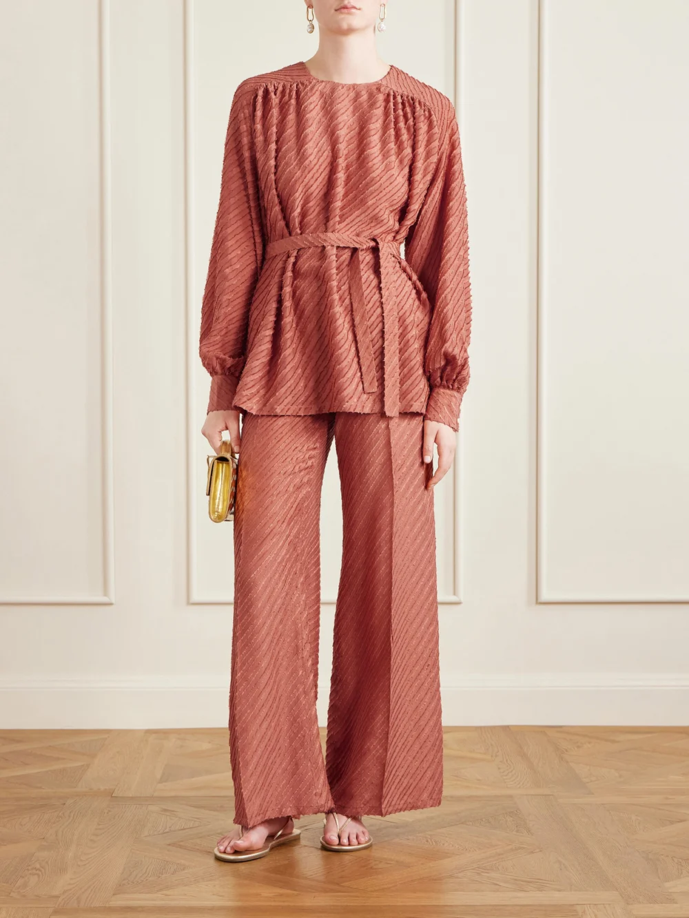 Giuliva Heritage Amanda Fringed Silk Wide-leg Pants, worn by a model
