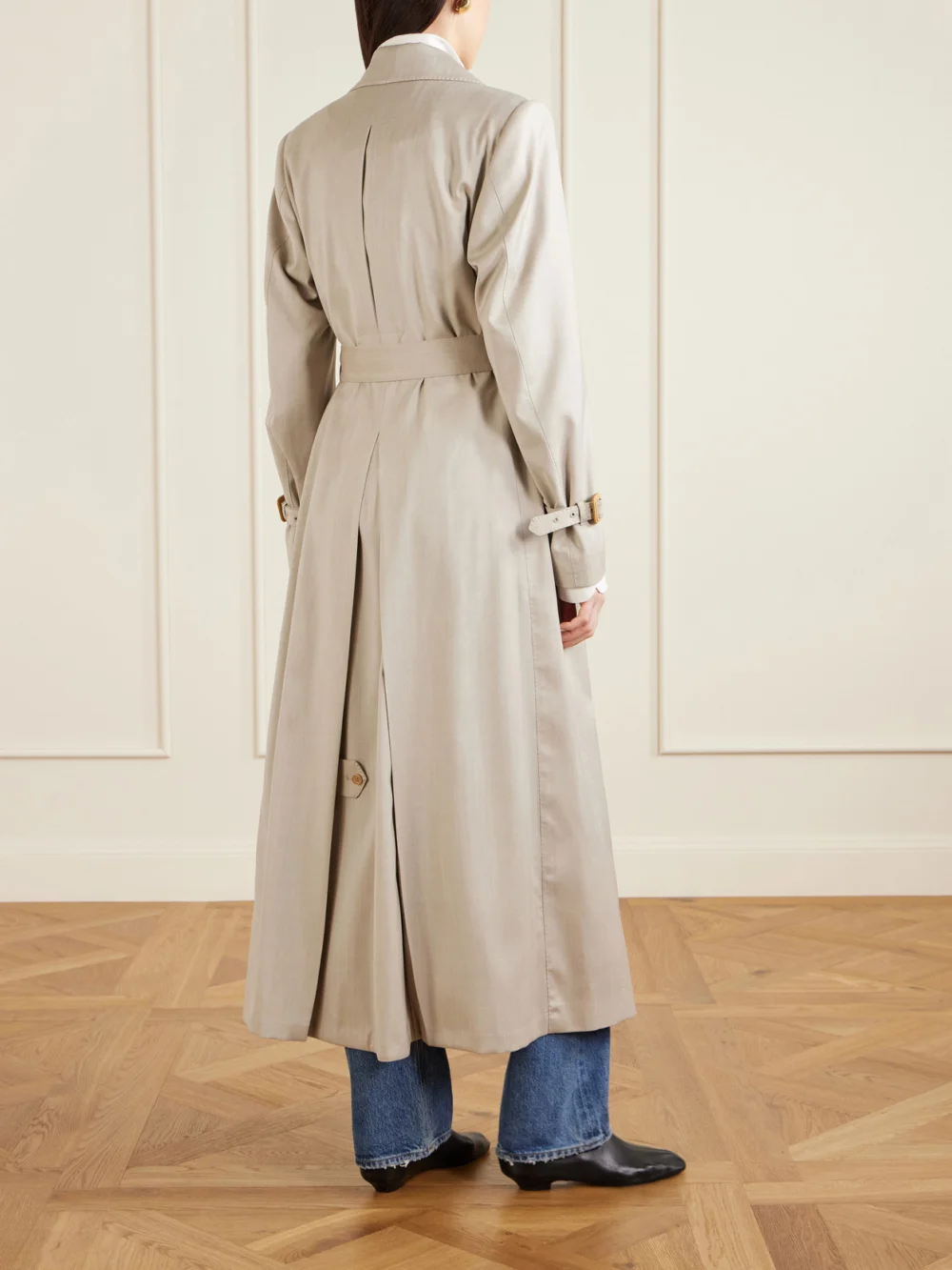Back view of the Giuliva Heritage Camilla Double-breasted Belted Herringbone Wool and Silk-blend Trench Coat
