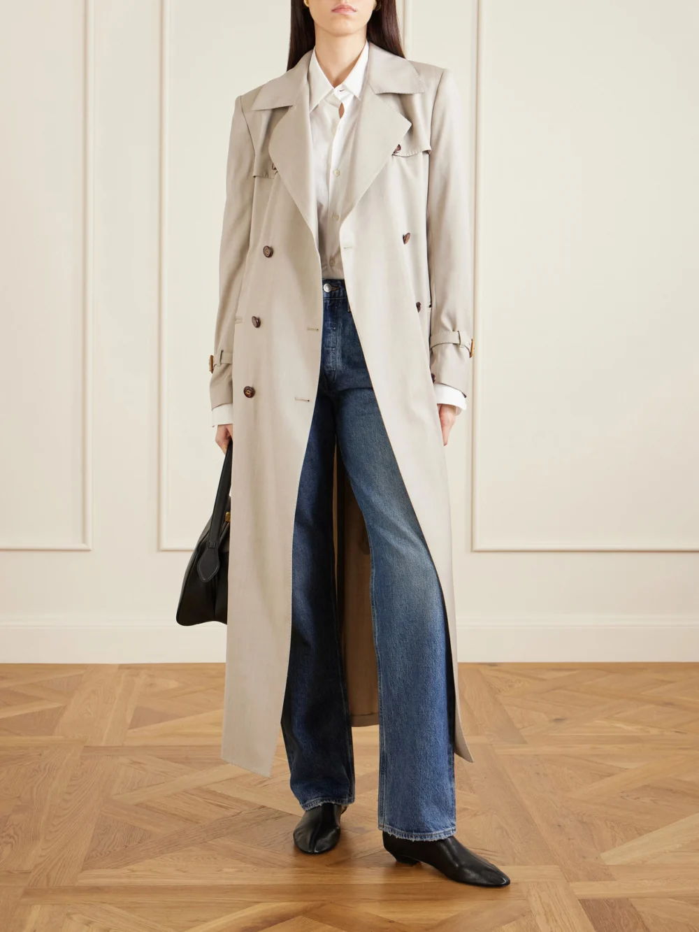 Giuliva Heritage Camilla Double-breasted Belted Herringbone Wool and Silk-blend Trench Coat, worn by a model