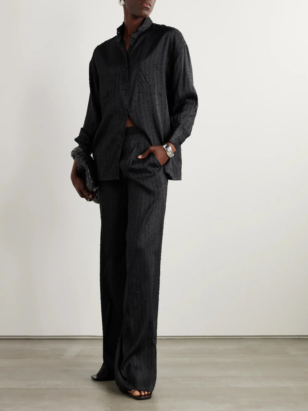 Giuliva Heritage Elsa Pleated Striped Swiss-dot Woven Straight-leg Pants, worn by a model