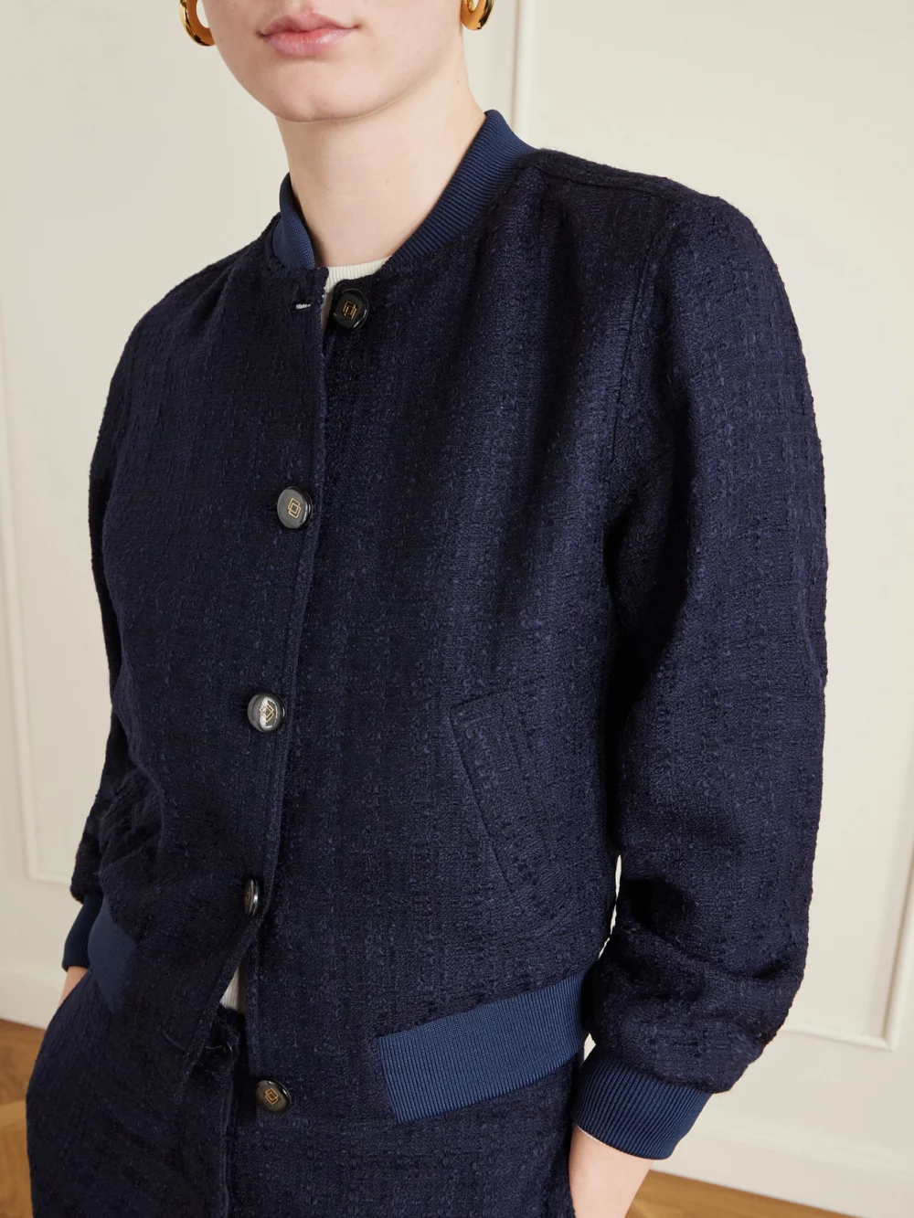 Close-up detail of the Giuliva Heritage Hailey Wool-blend Bouclé-tweed Bomber Jacket