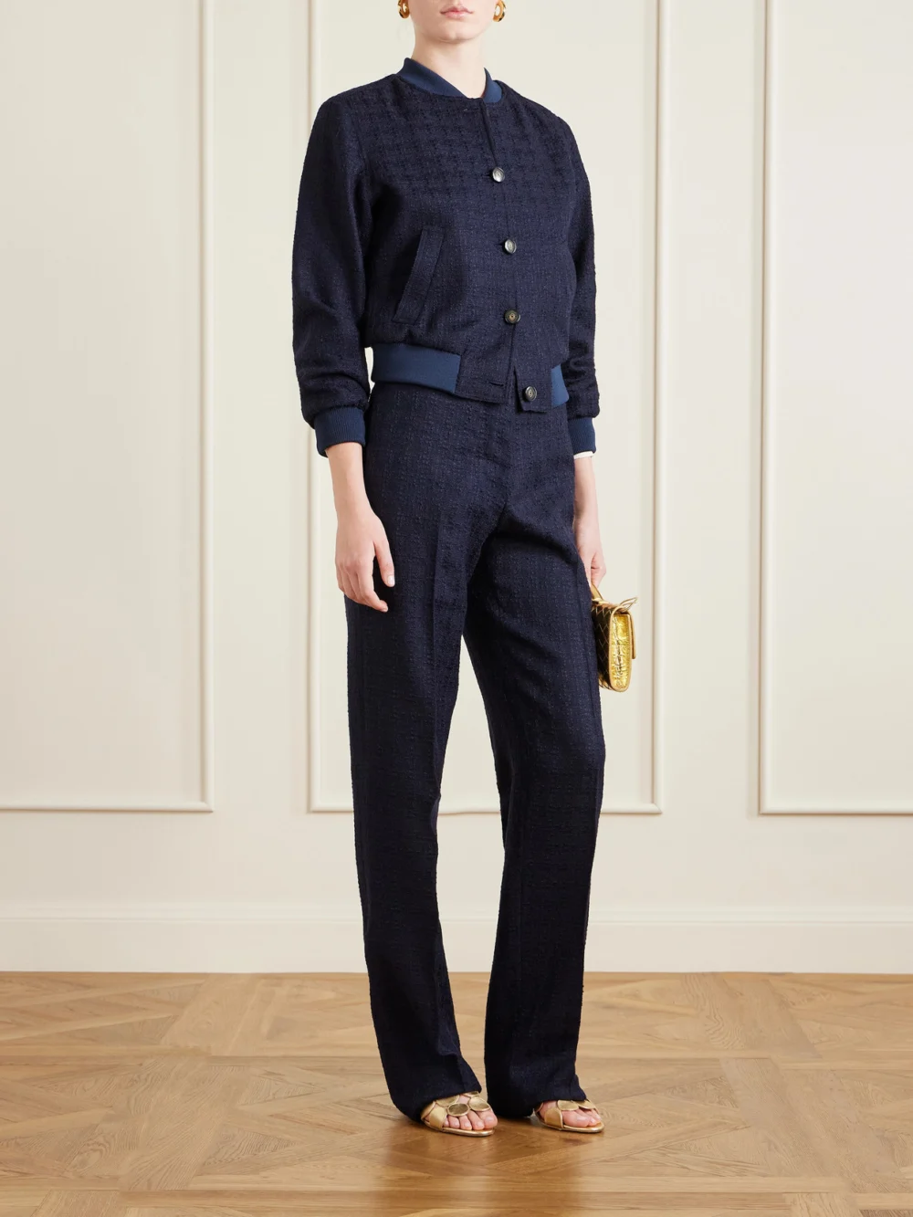 Giuliva Heritage Janice Wool-blend Bouclé-tweed Straight-leg Pants, worn by a model