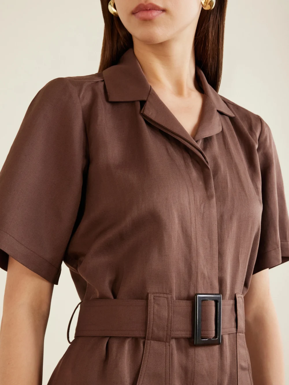 Close-up detail of the Giuliva Heritage Sienna Belted Silk and Linen-blend Playsuit