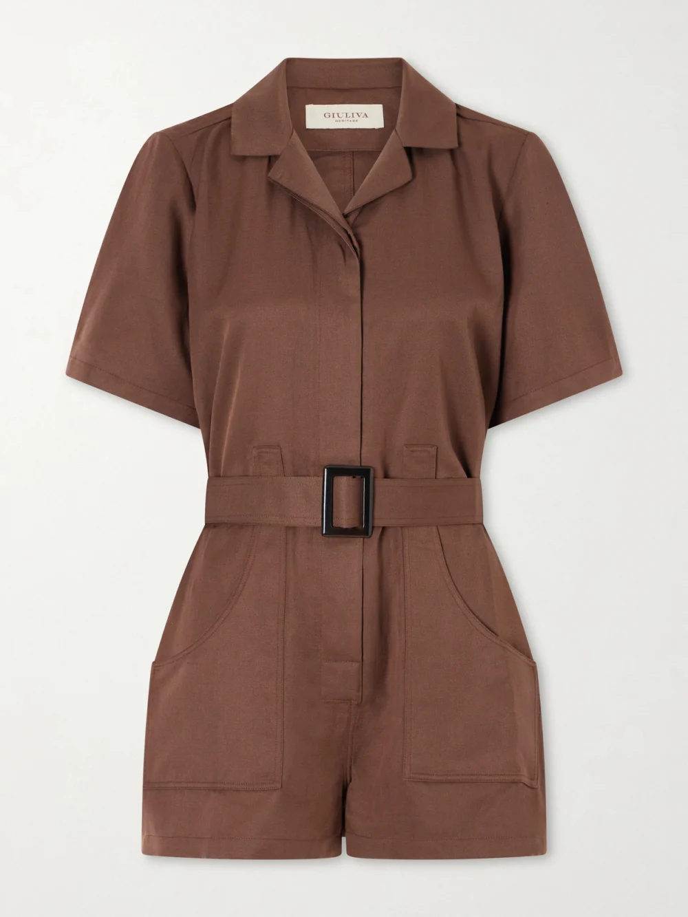 Giuliva Heritage Sienna Belted Silk and Linen-blend Playsuit in brown