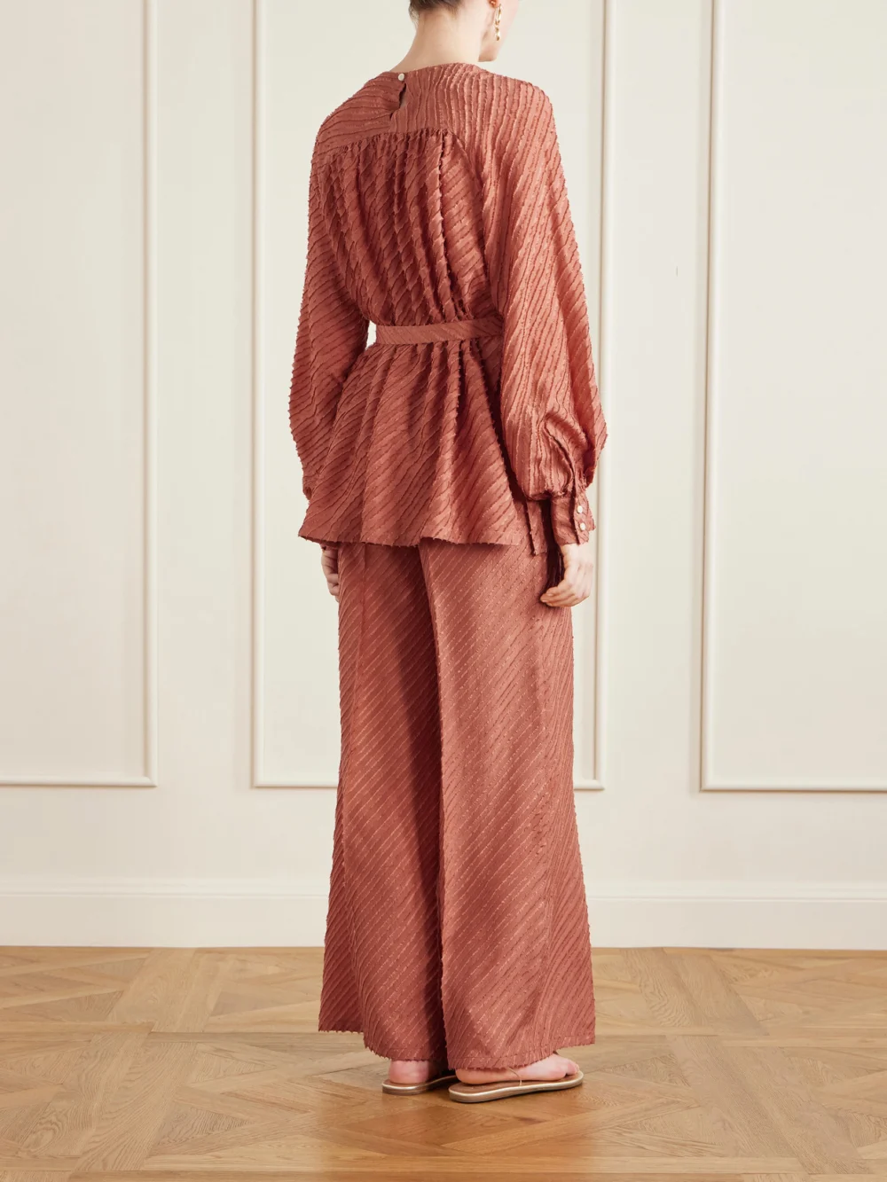 Back view of the Giuliva Heritage Tea Belted Frayed Silk Blouse