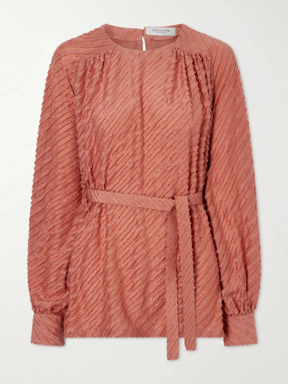 Giuliva Heritage Tea Belted Frayed Silk Blouse in crimson