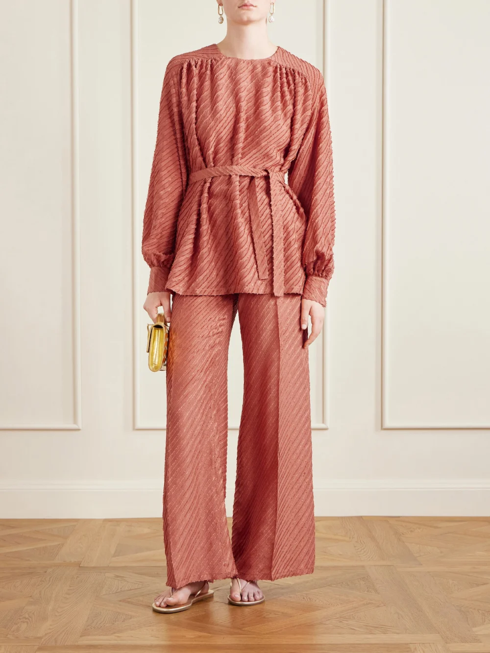 Giuliva Heritage Tea Belted Frayed Silk Blouse, worn by a model