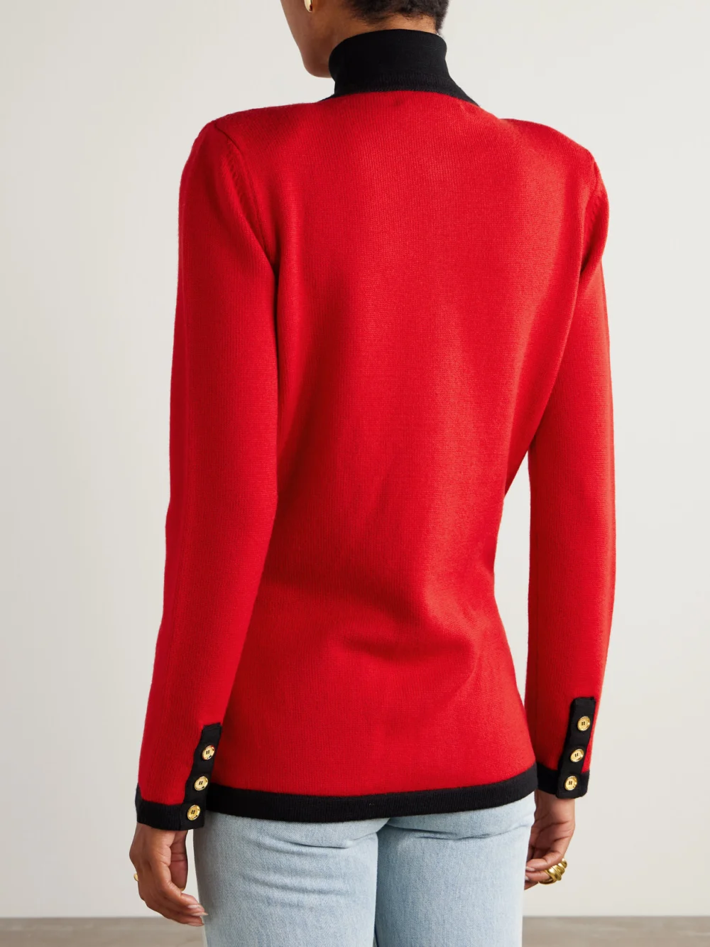 Back view of the Giuliva Heritage The Eugenia Two-tone Merino Wool Cardigan