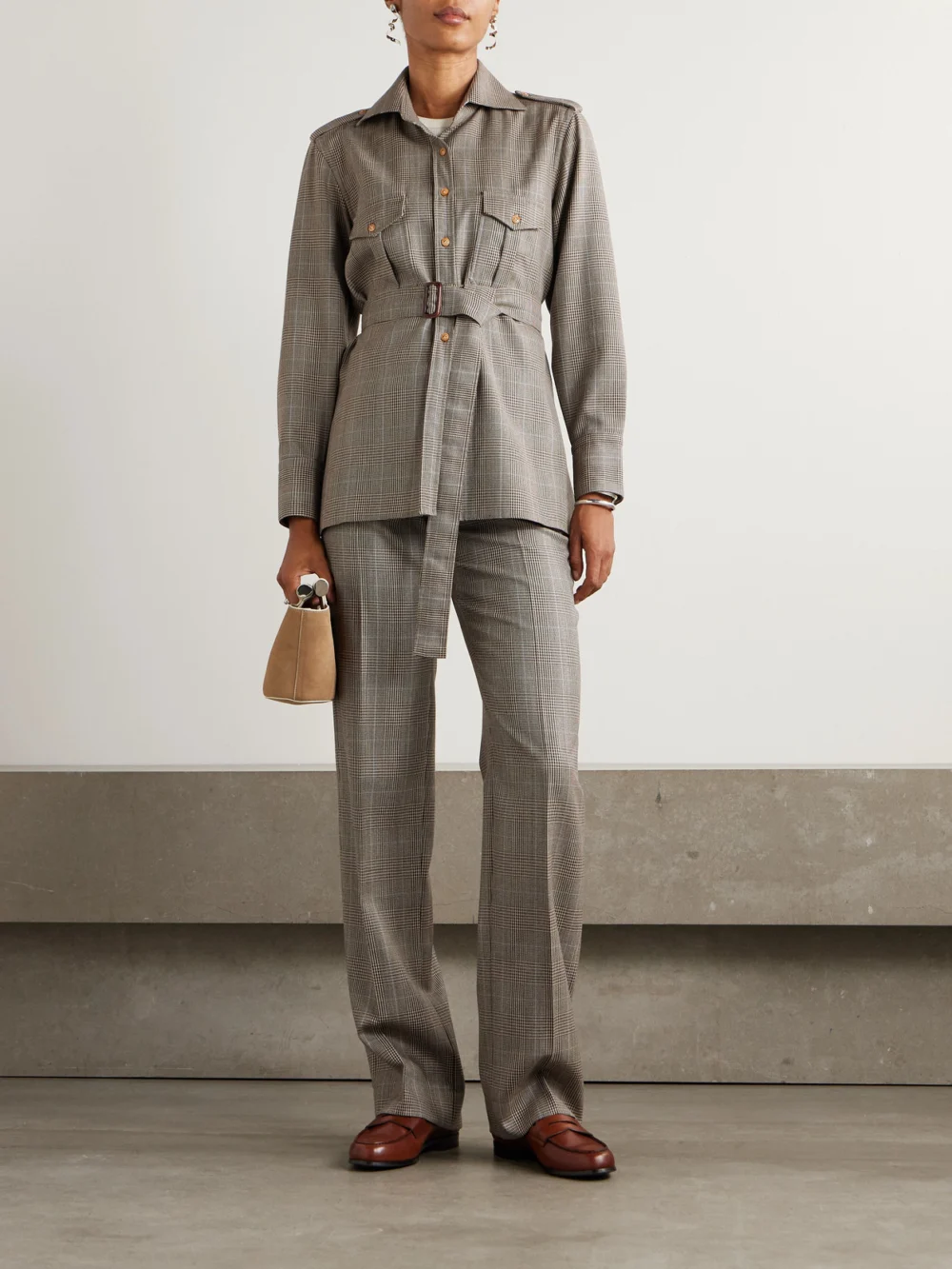 Giuliva Heritage The Janice Houndstooth Wool Straight-leg Pants, worn by a model