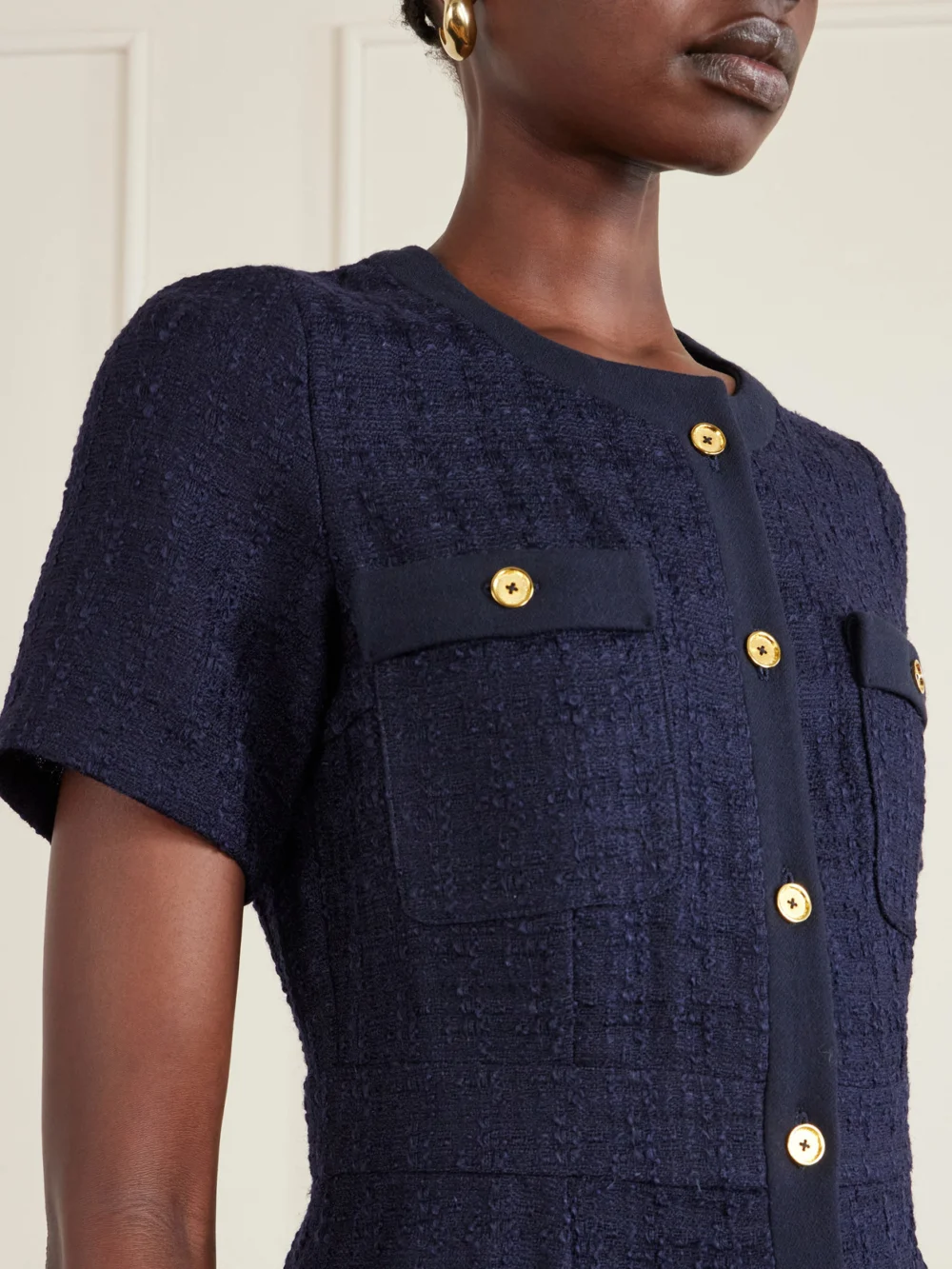 Close-up detail of the Giuliva Heritage Vera Crepe-trimmed Wool-blend Bouclé-tweed Mini Dress