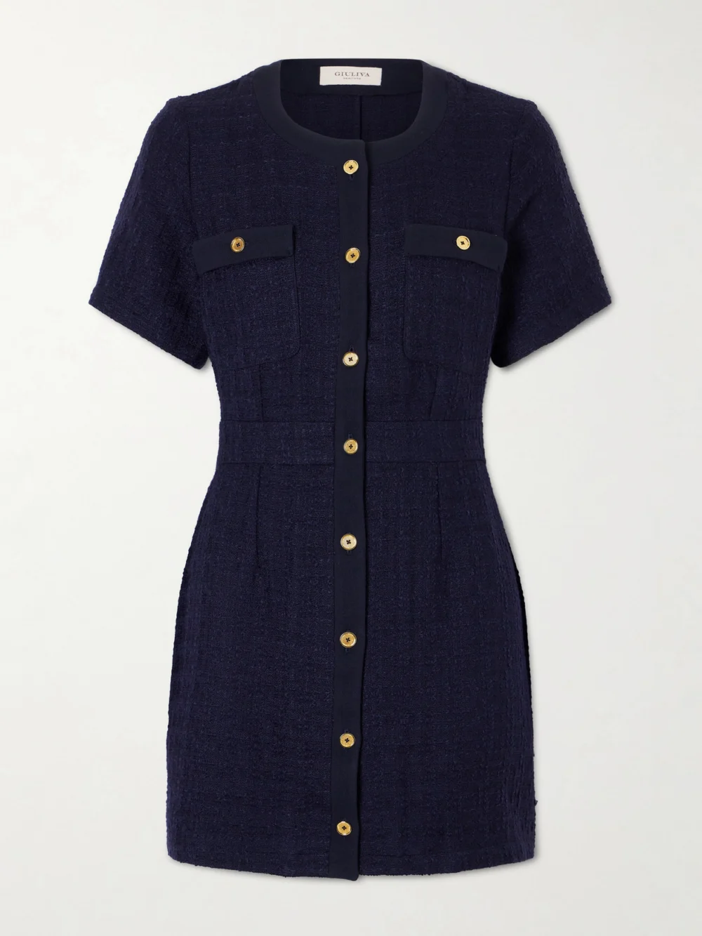 Giuliva Heritage Vera Crepe-trimmed Wool-blend Bouclé-tweed Mini Dress in navy