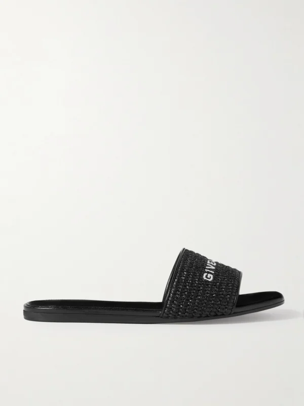 Givenchy 4g Leather-trimmed Embroidered Raffia Slides