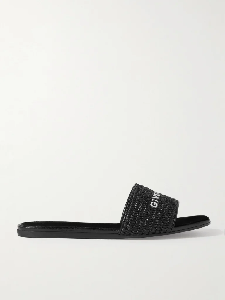 Givenchy 4g Leather-trimmed Embroidered Raffia Slides