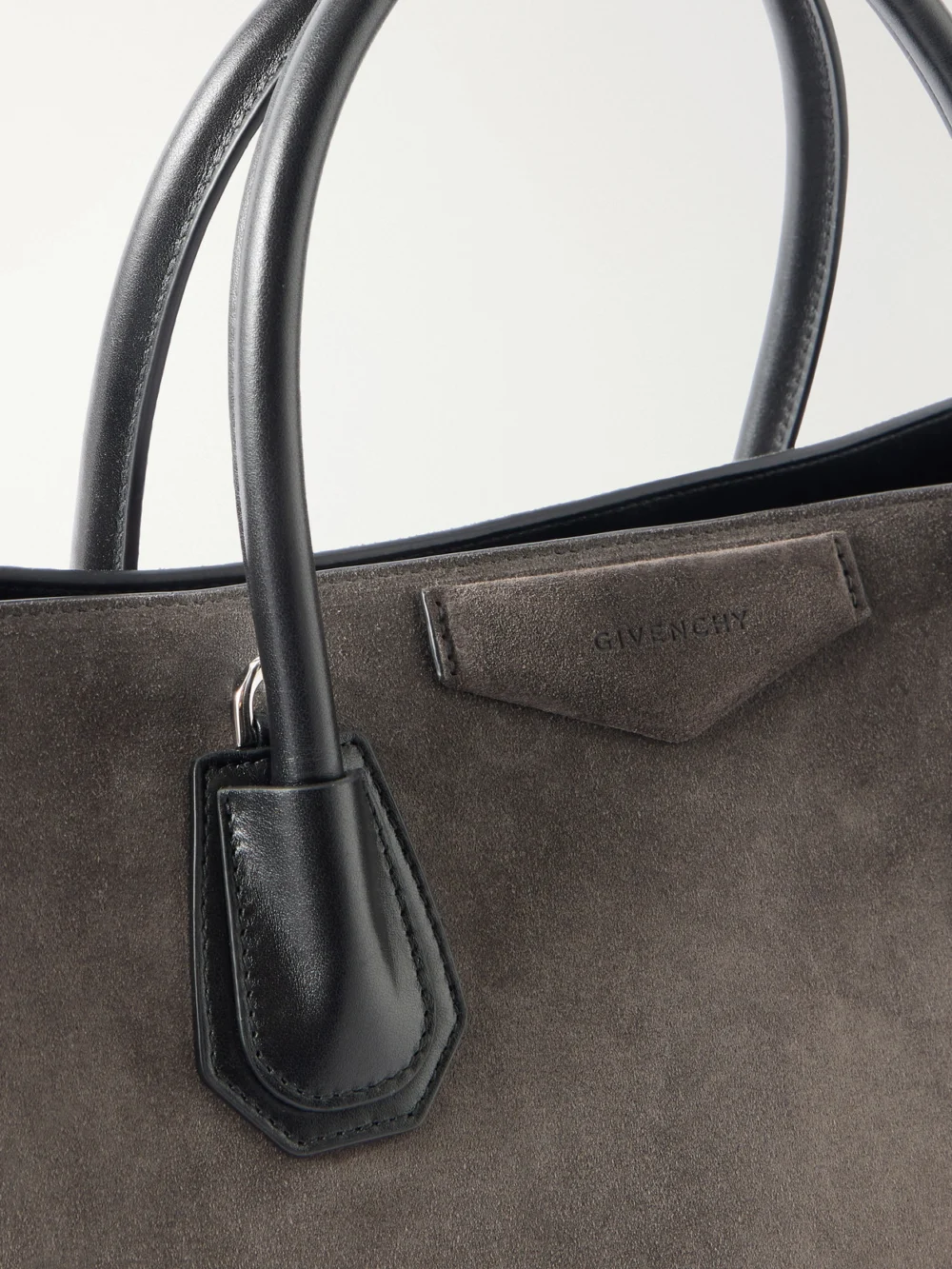 Close-up detail of the Givenchy Antigona Leather-trimmed Suede Tote