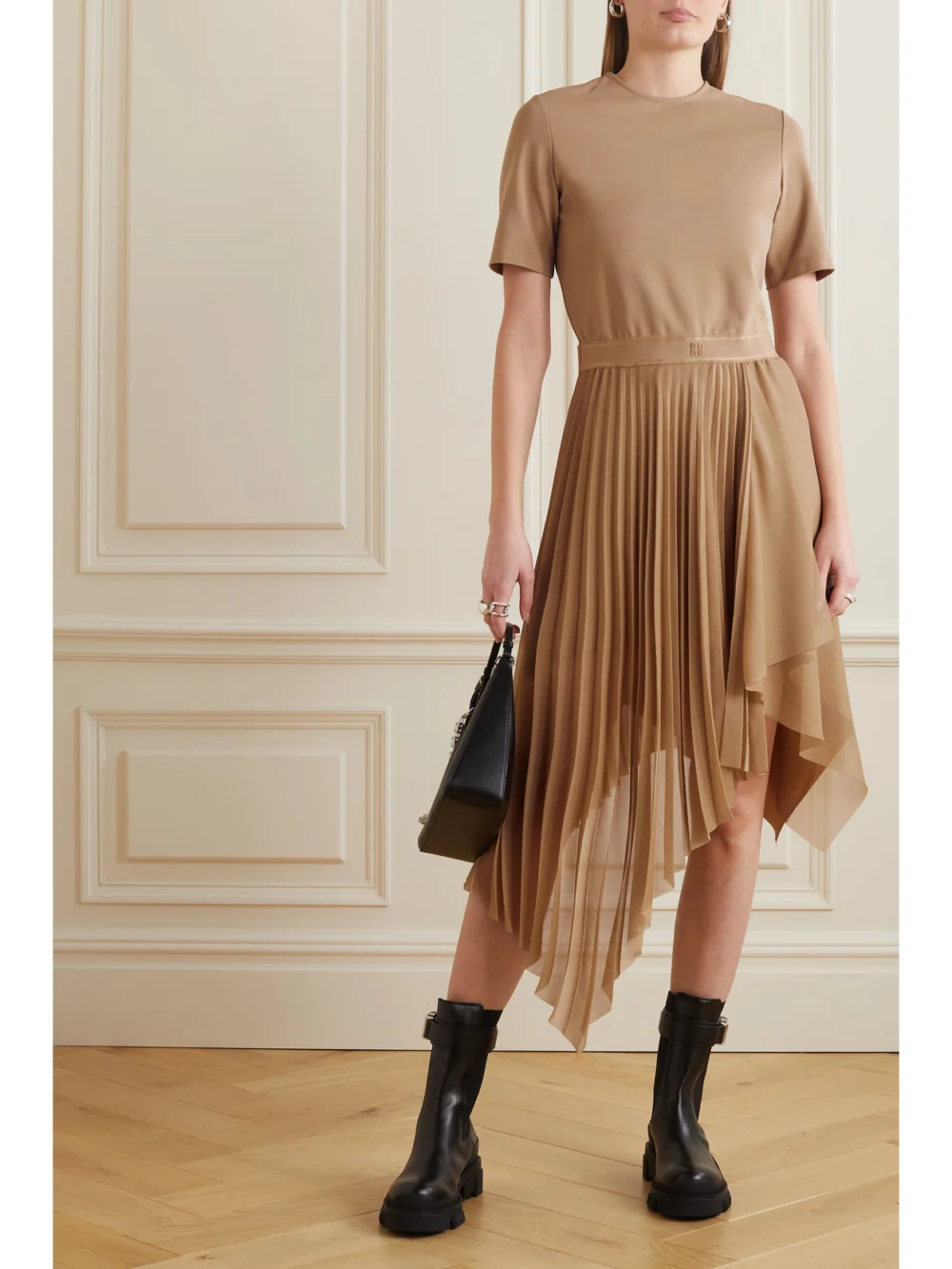Givenchy Asymmetric Stretch-jersey and Pleated Georgette Dress, worn by a model