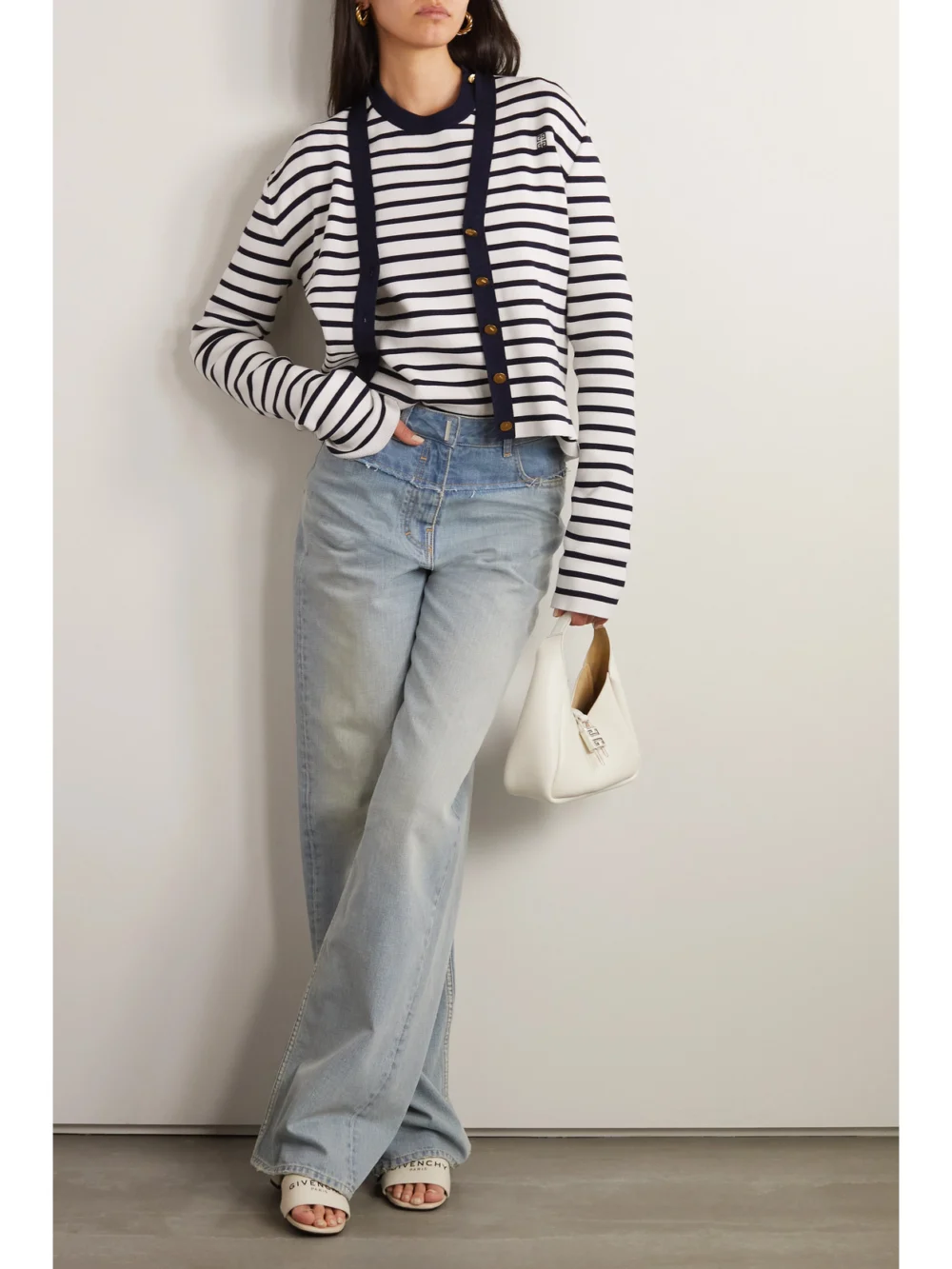 Givenchy Button-embellished Striped Cotton Sweater, worn by a model