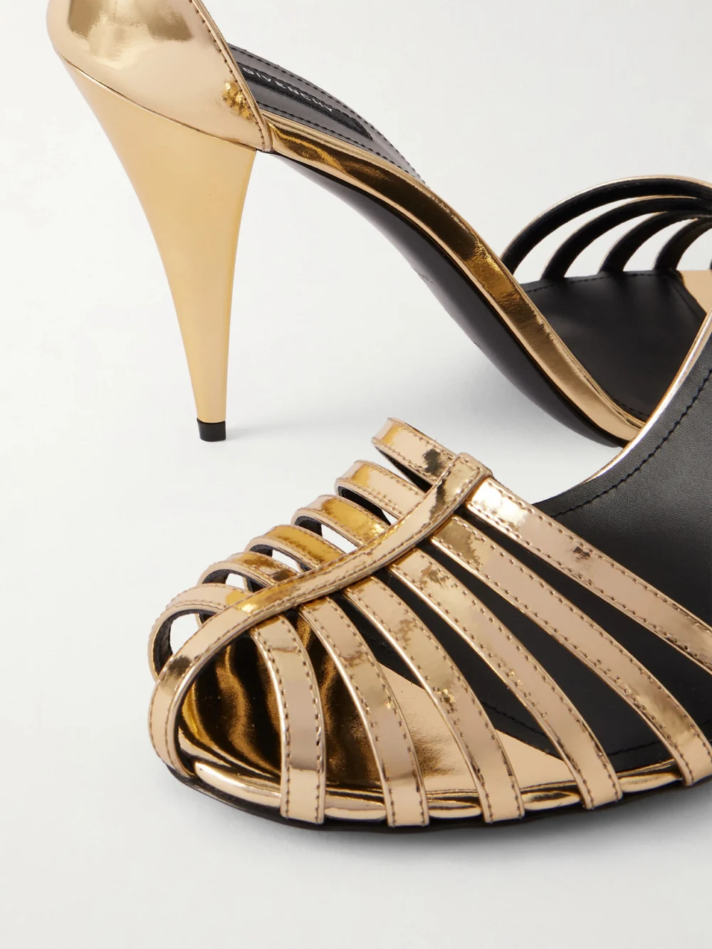 Close-up detail of the Givenchy Cage Metallic-leather Sandals