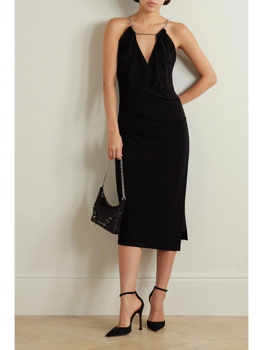 Givenchy Chain-embellished Ruffled Crepe De Chine Midi Dress, worn by a model