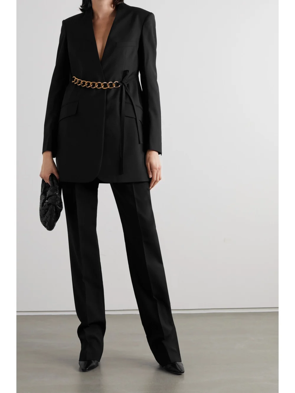 Givenchy Chain-embellished Wool Wrap Blazer, worn by a model