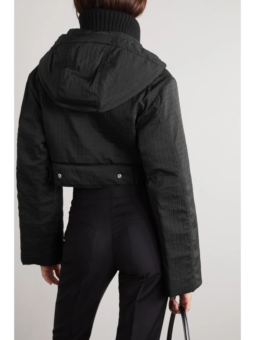 Back view of the Givenchy Cropped Padded Wool Blend-trimmed Shell-jacquard Hooded Jacket