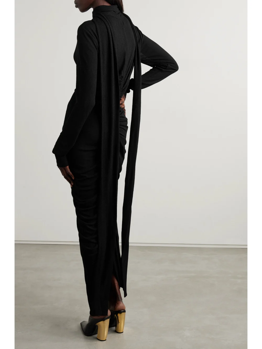 Back view of the Givenchy Cutout Ruched Stretch-crepe Turtleneck Gown