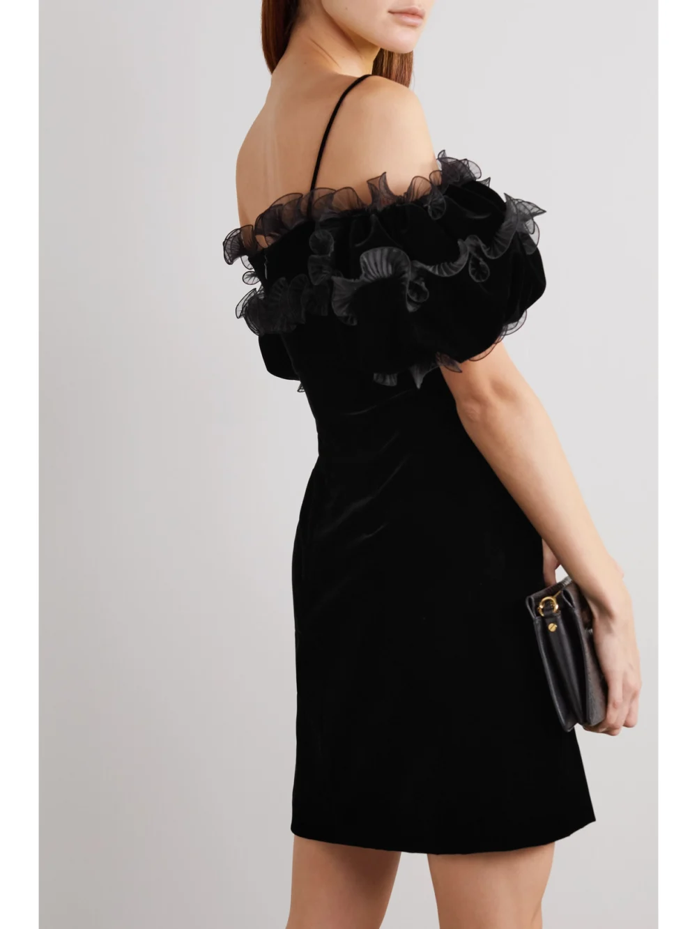 Back view of the Givenchy Cutout Ruffled Plissé Organza-trimmed Velvet Mini Dress