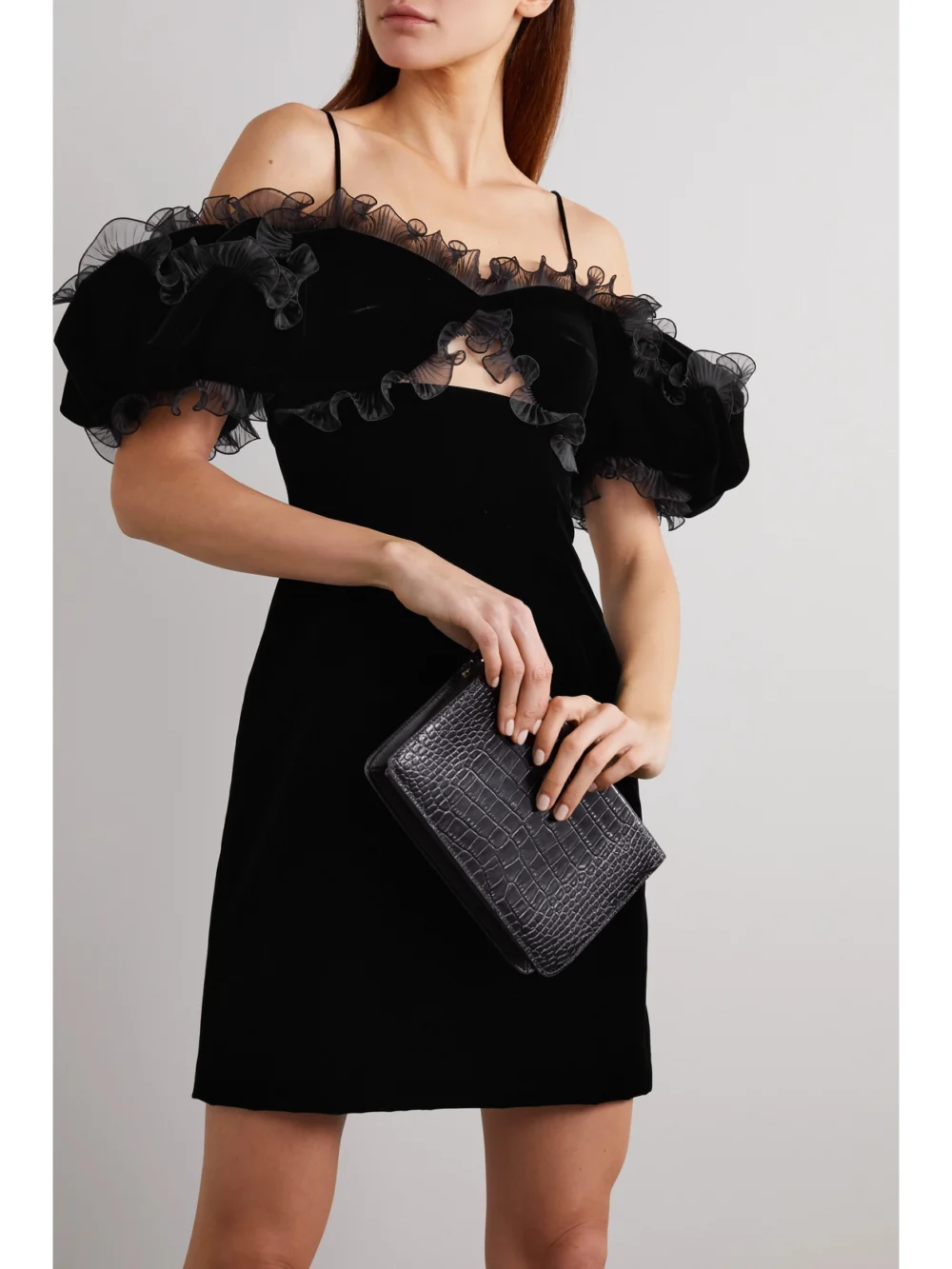 Givenchy Cutout Ruffled Plissé Organza-trimmed Velvet Mini Dress, worn by a model