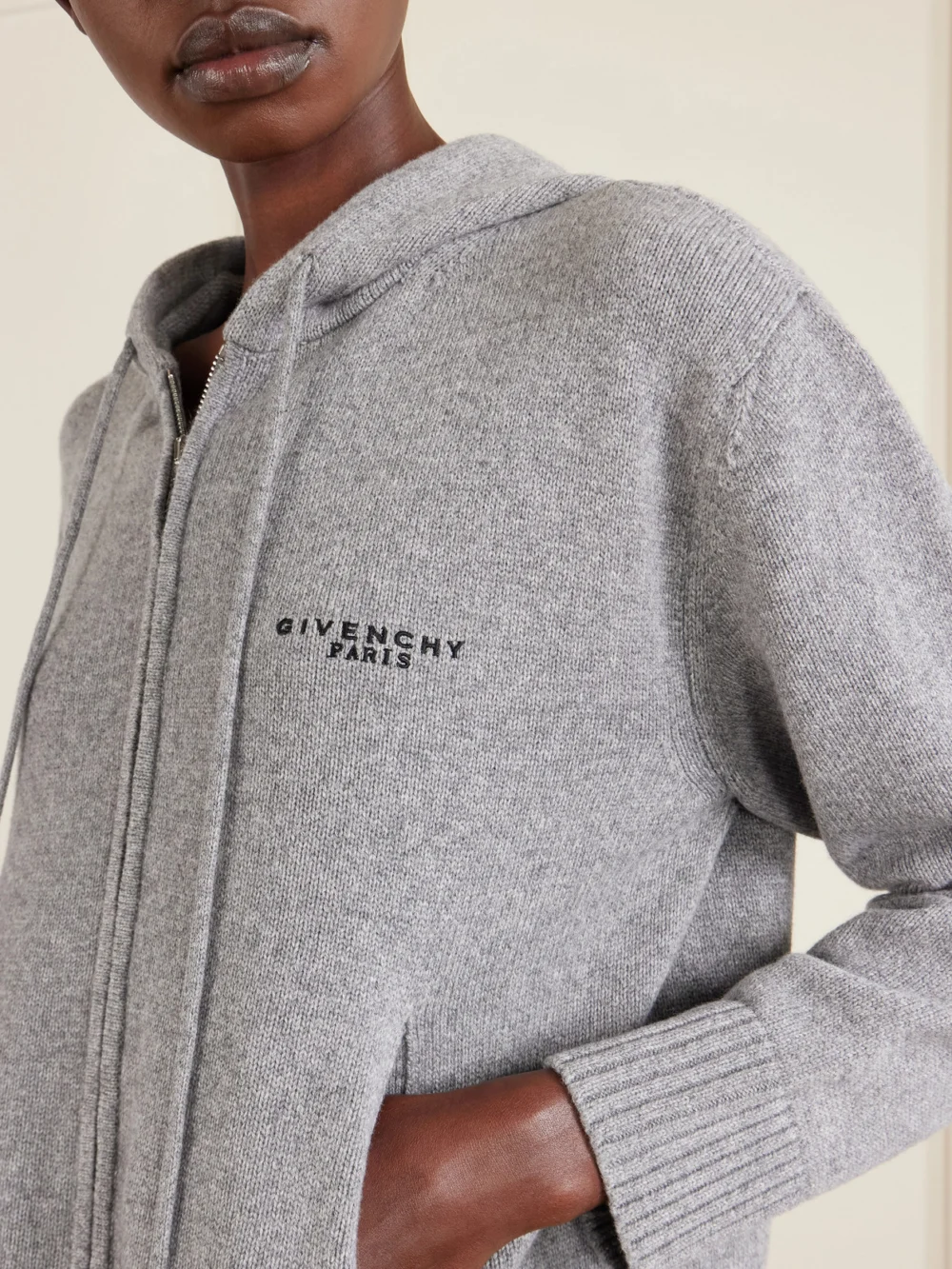 Close-up detail of the Givenchy Embroidered Wool and Cashmere-blend Zip-up Hooded Cardigan