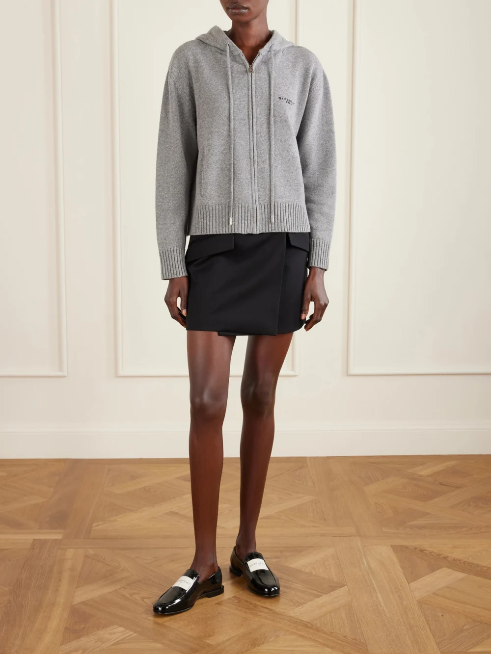 Givenchy Embroidered Wool and Cashmere-blend Zip-up Hooded Cardigan, worn by a model