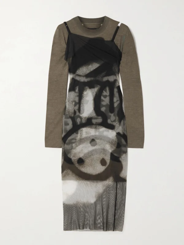Givenchy Layered Printed Tulle and Cotton-jersey Midi Dress