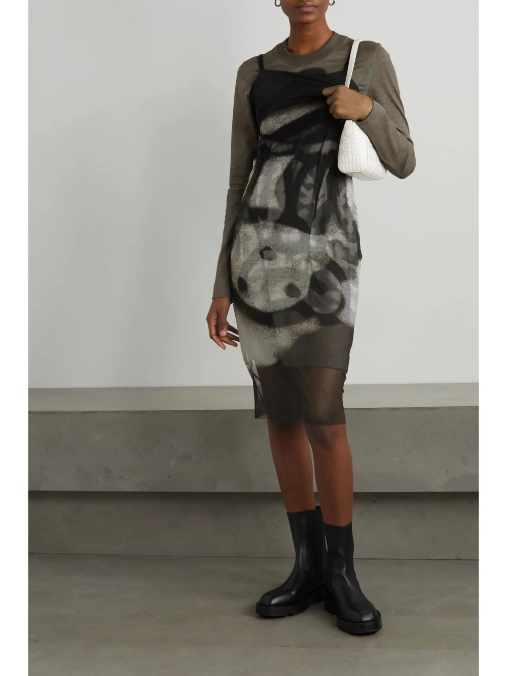 Givenchy Layered Printed Tulle and Cotton-jersey Midi Dress, worn by a model